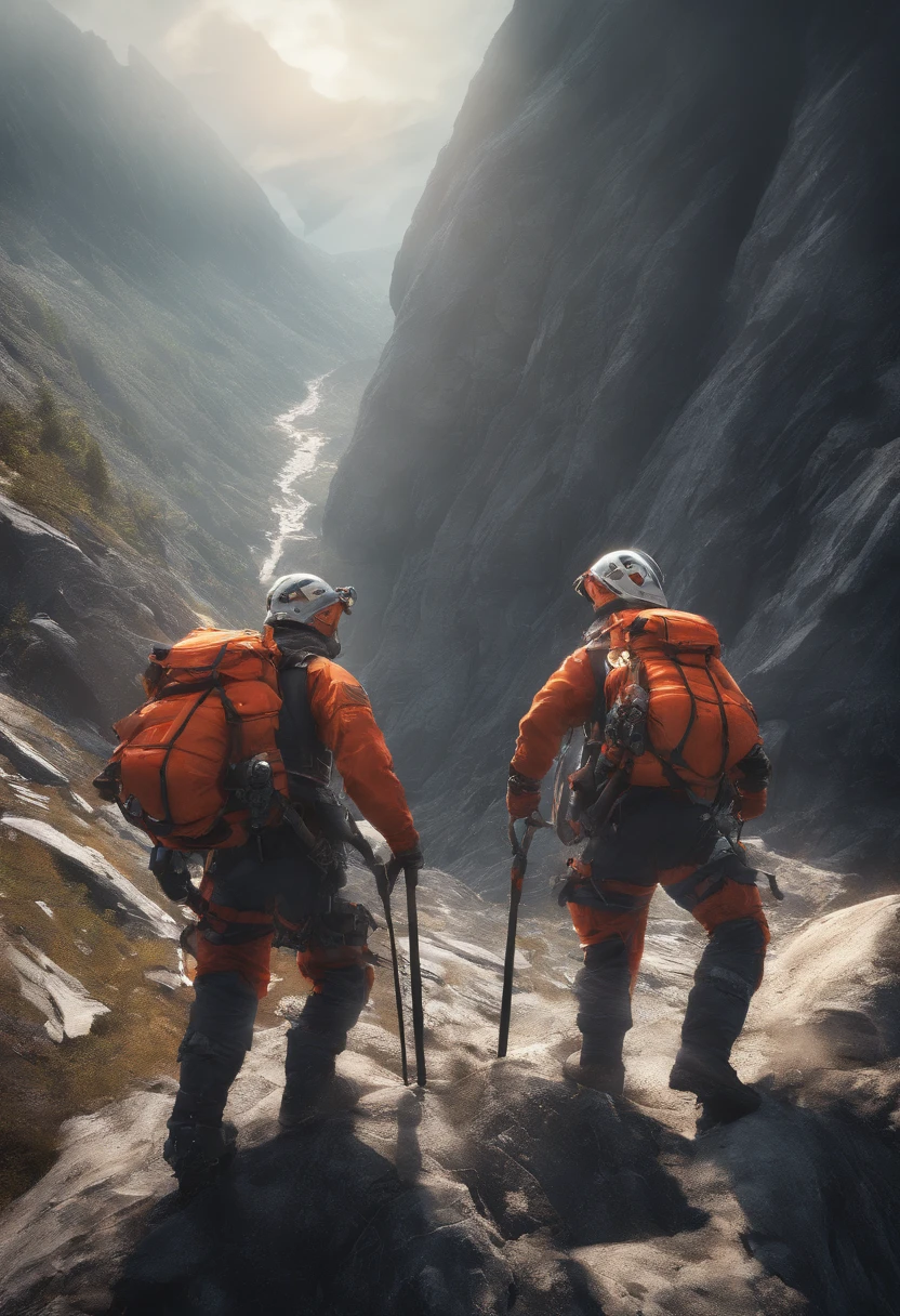 best quality,4k,8k,highres,masterpiece:1.2,ultra-detailed,realistic:1.37,extreme detail description,physically-based rendering, HDR,ultra-fine painting,sharp focus,professional,vivid colors,bokeh,(a group of mountaineers:1.1),rope,rescue operation,extreme sports,climbing uphill,perseverance,(brave rescue scene:1.2),emergency response team,full body shot,stunning effects,studiolighting,UHD