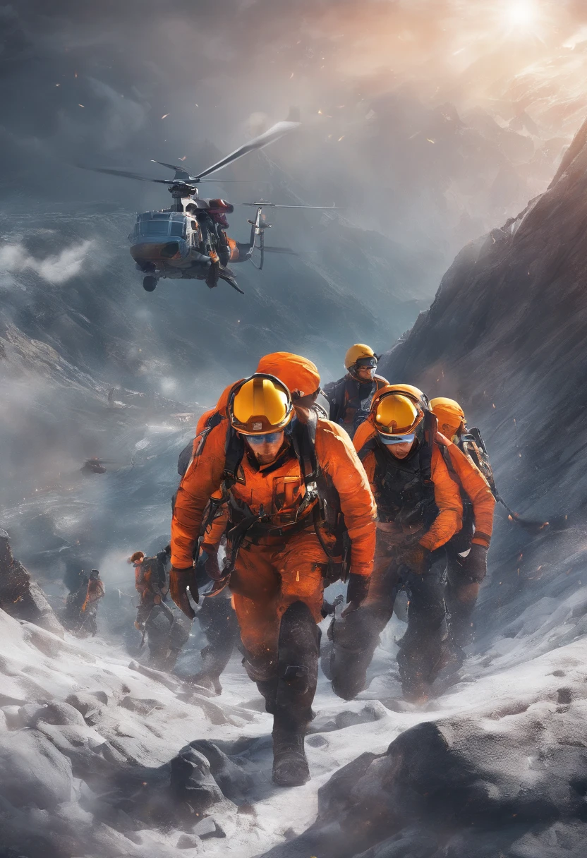 best quality,4k,8k,highres,masterpiece:1.2,ultra-detailed,realistic:1.37,extreme detail description,physically-based rendering, HDR,ultra-fine painting,sharp focus,professional,vivid colors,bokeh,(a group of mountaineers:1.1),rope,rescue operation,extreme sports,climbing uphill,perseverance,(brave rescue scene:1.2),emergency response team,full body shot,stunning effects,studiolighting,UHD