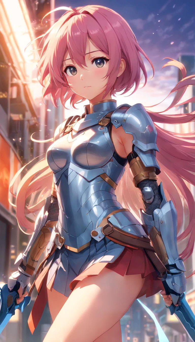 Game standing drawing，Plate armor heavy fighter，Stand with a sword，femele，The pink hair is fluttering and messy，Heroic，Full body like，The face is clear and accurate，detail in face，super-fine，16K resolution，high qulity，电影灯光，High picture detail，dynamic viewing angle，Detailed pubic hair，Epic shooting，oc rendered