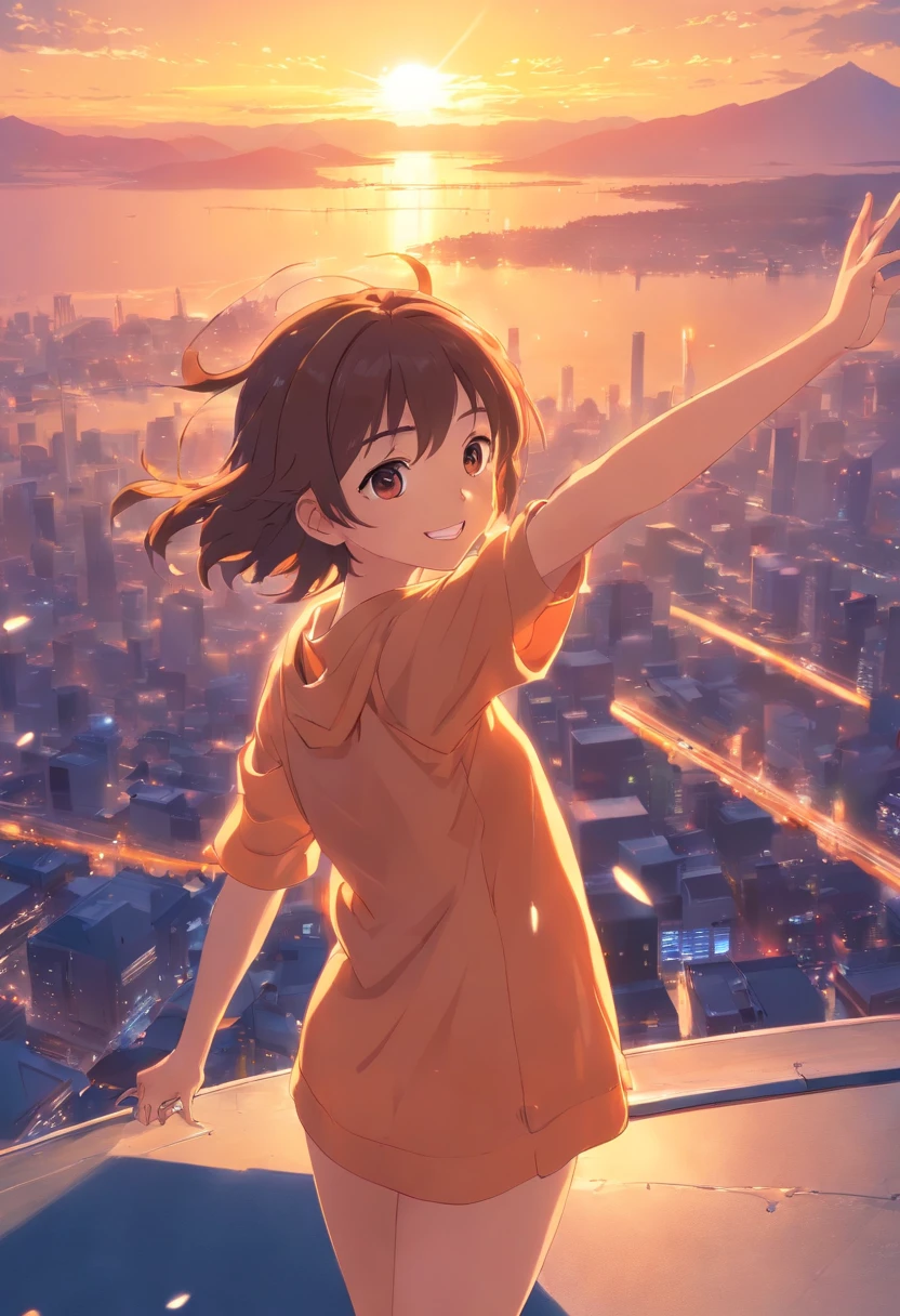 tmasterpiece,best qualtiy,cinematic Film still from,1girll,naked Girl,Frontal photo,Arms spread wide,ssmile,Floating in the sky,brightly,cheerfulness,Warm and soft lighting,the sunset,(spark of light:0.7)