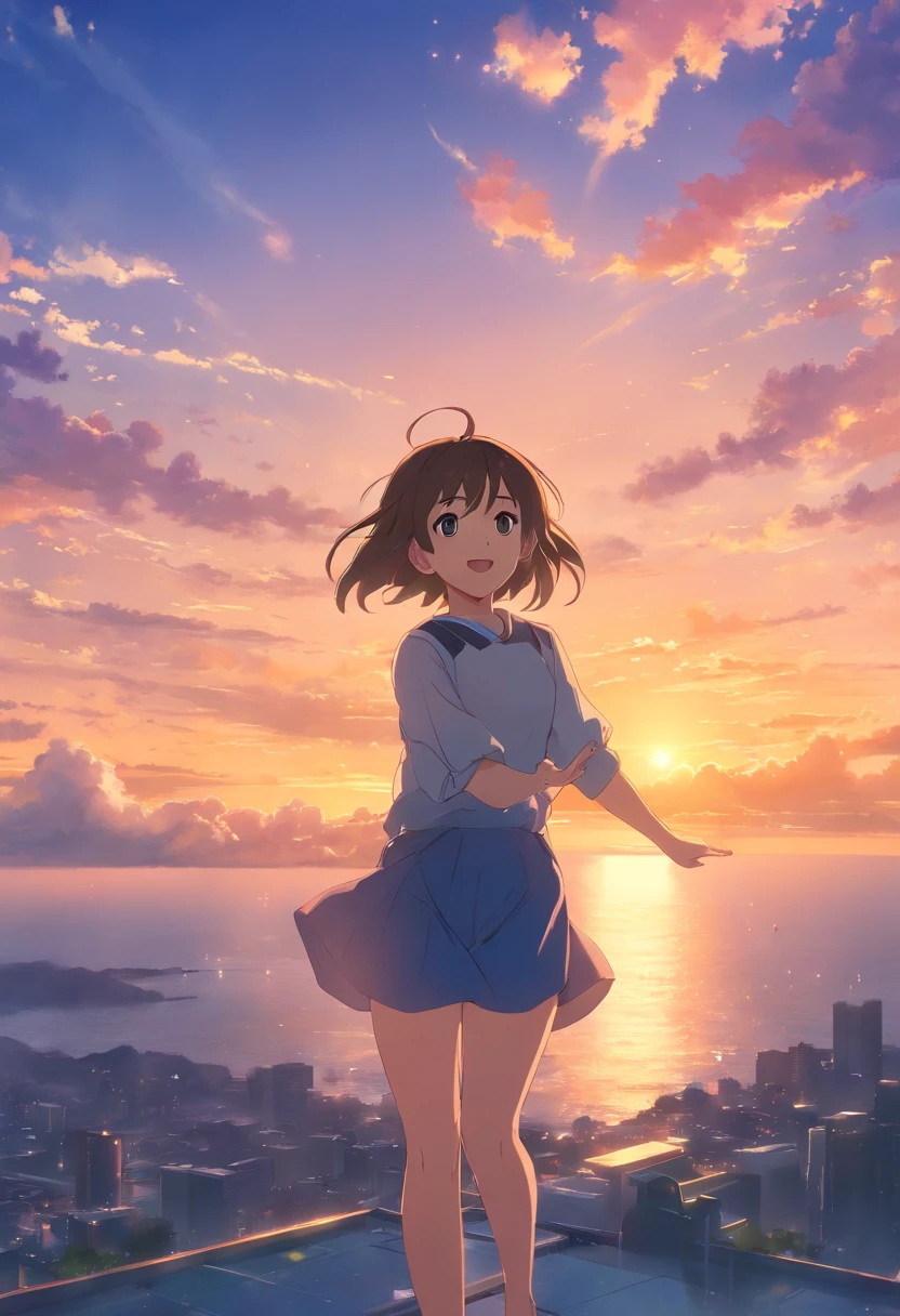 tmasterpiece,best qualtiy,cinematic Film still from,1girll,naked Girl,Frontal photo,Arms spread wide,ssmile,Floating in the sky,brightly,cheerfulness,Warm and soft lighting,the sunset,(spark of light:0.7)
