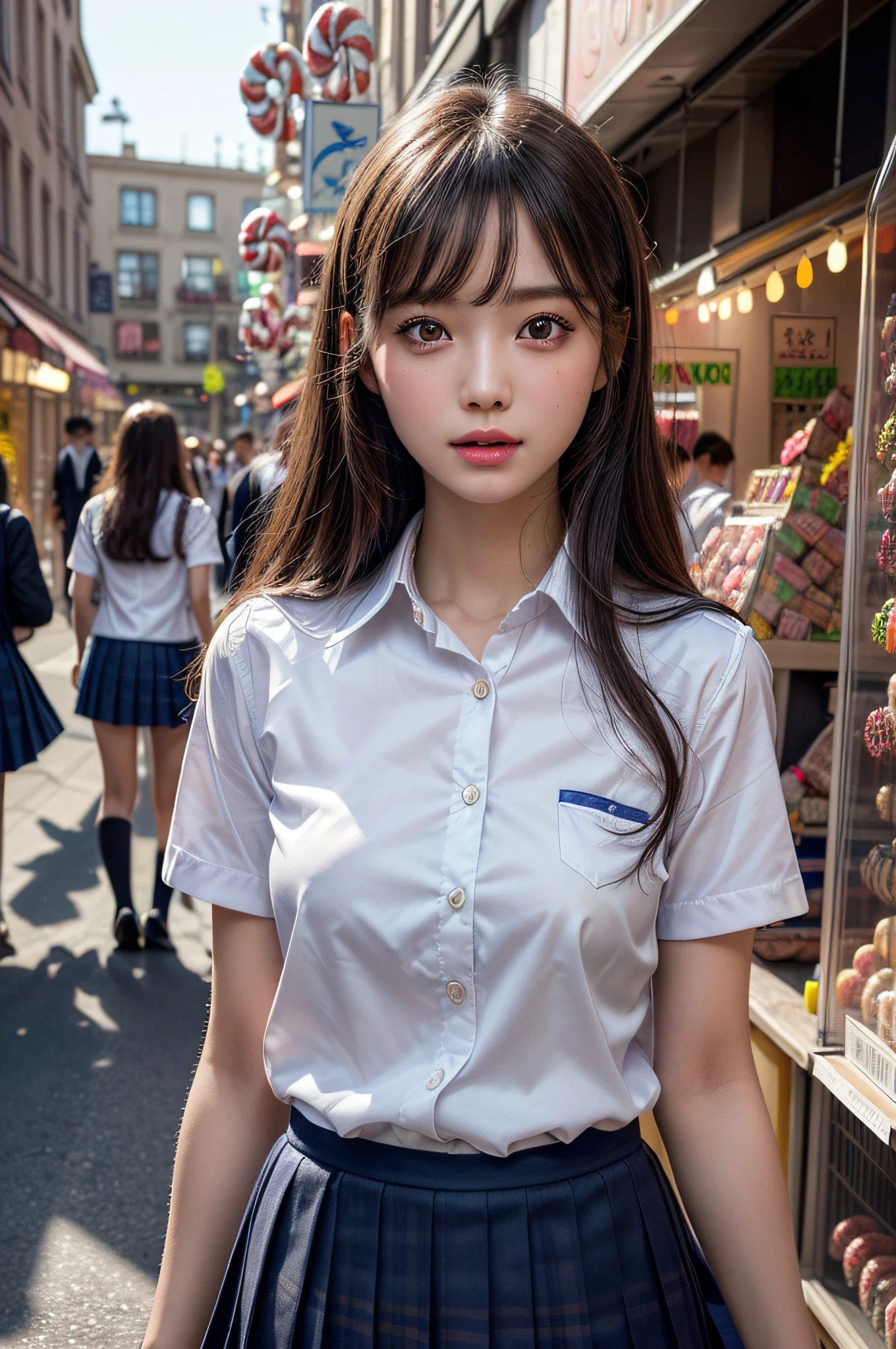 1girl, Amazing face and eyes, (extremely detailed beautiful face), (School uniform:1.5), (pleated mini skirt), (Best Quality:1.4), (Ultra-detailed), (Ultra realistic, photo-realistic:1.37), beautiful fair skin, extremely detailed CG unified 8k wallpaper, raw photos, professional photograpy, cinematic lighting, indoors, (Shopping streets, candy stores:1.5), fancy shop, crowds,