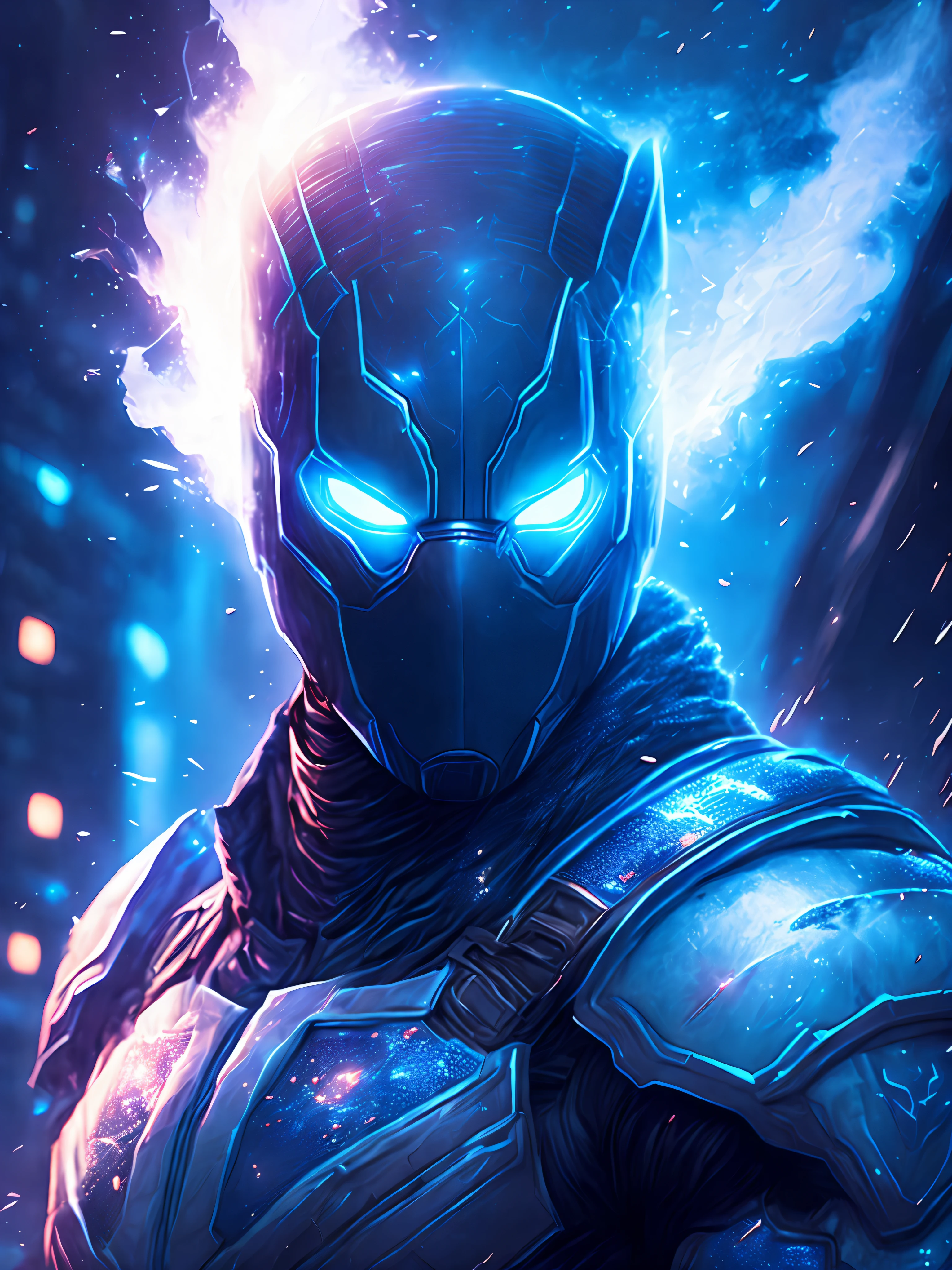 gloomy portrait of Ultron from Marvel, extremely detailed, futuristic cityscape, nighttime, glowing neon lights, smoke, sparks, metal shavings, flying debris, blue energy effects, volumetric light