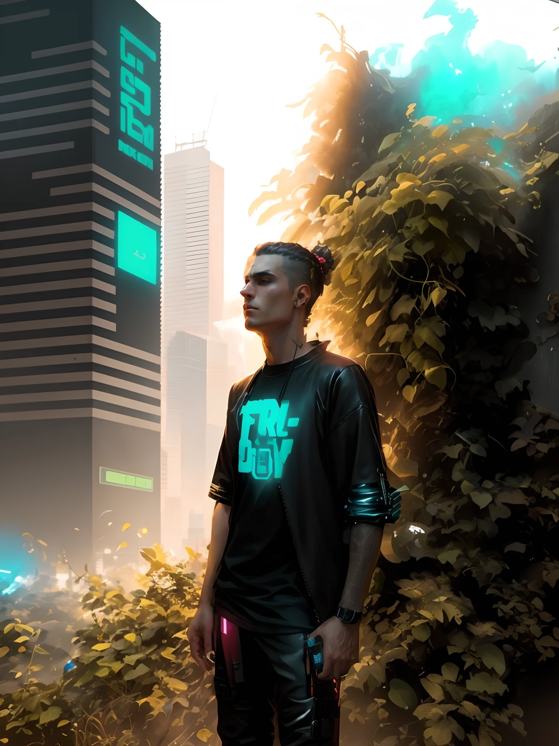 change the background into cyberpunk theme, make the guy stylish , add some good details on face, make it look realistic and quality will be 8k.