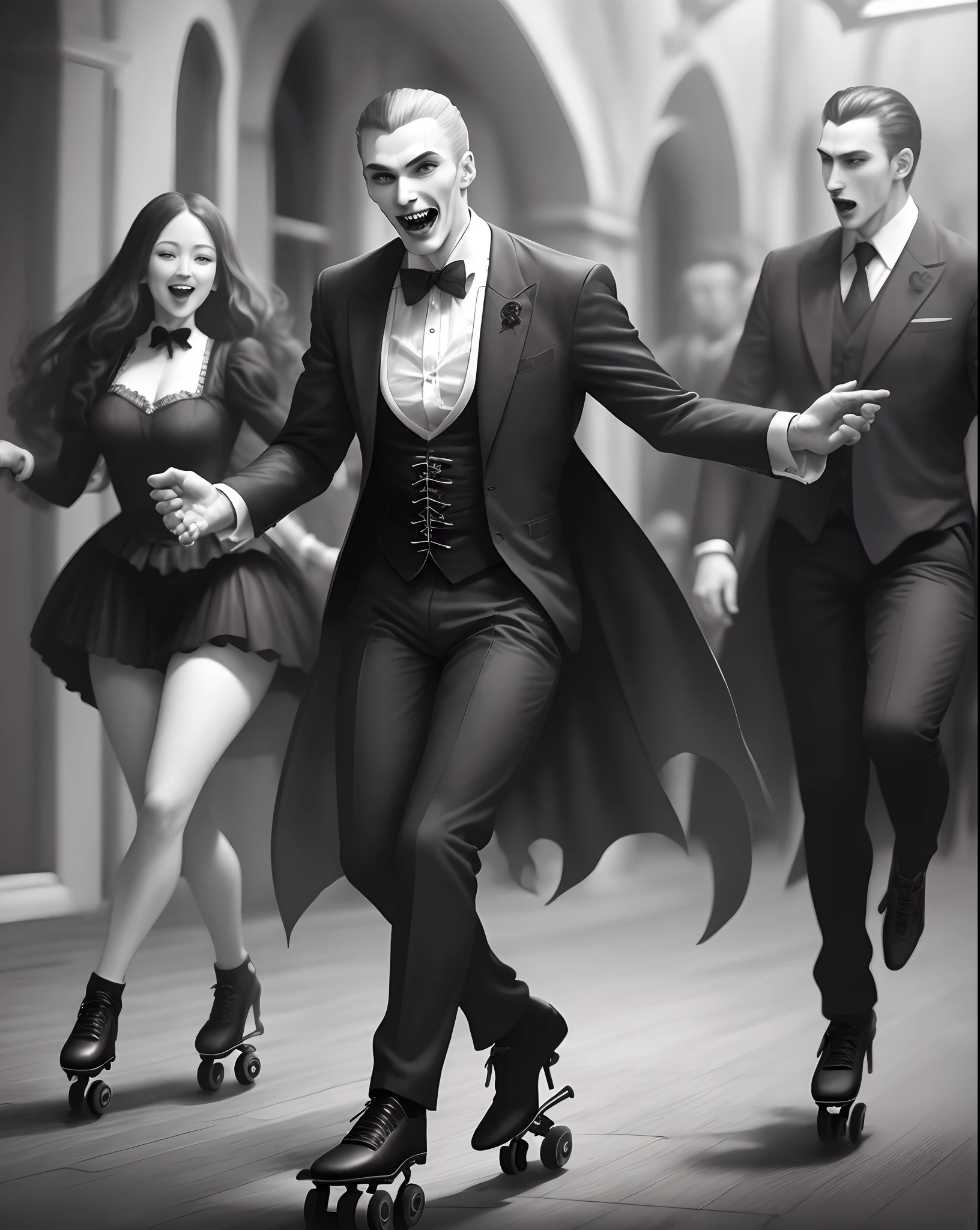 Dracula dancing on rollerskates with beautiful woman