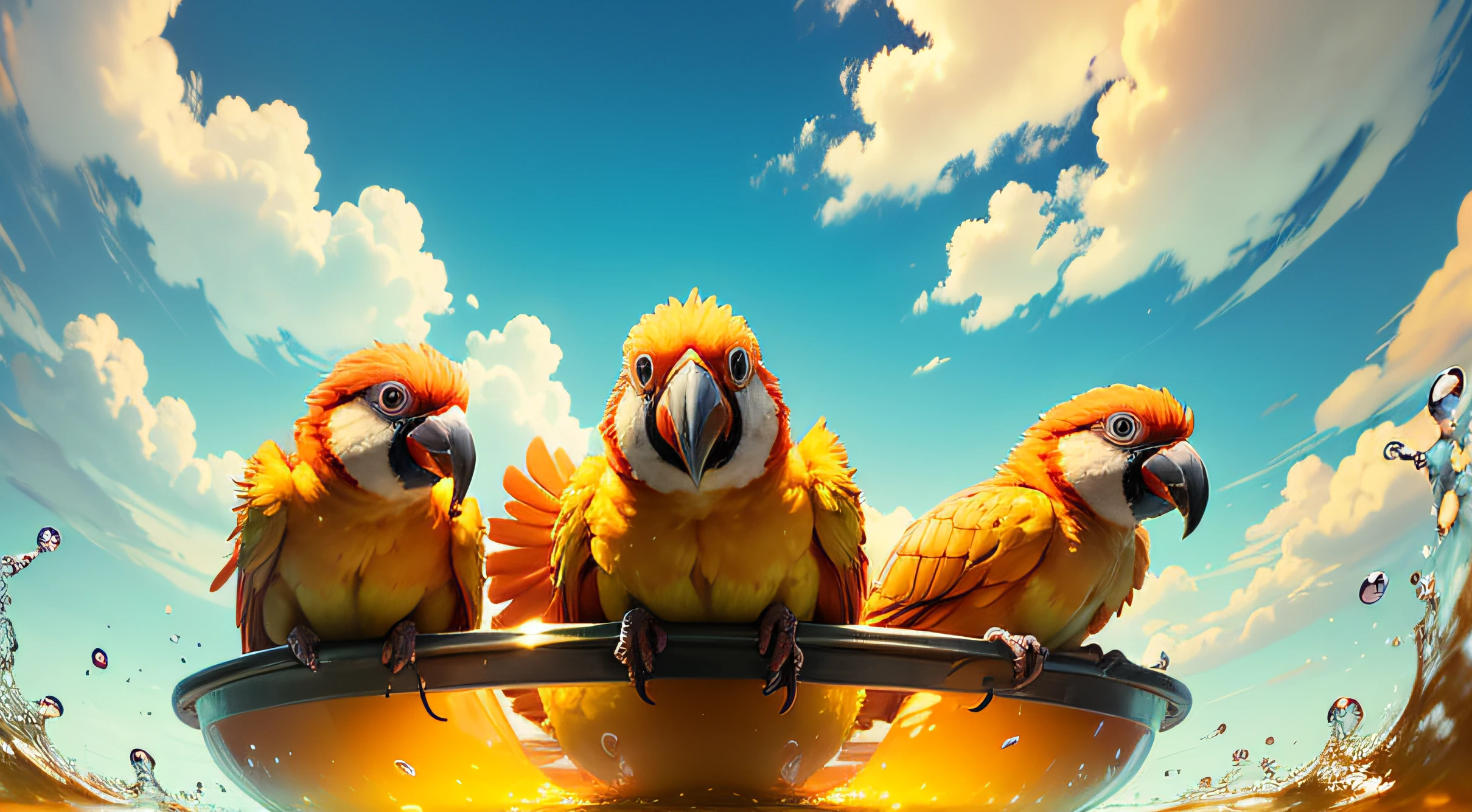 full view of three orange parrots, Swimming in a big bowl with egg yolk, Pixar Style Movie, amazing sky, so cute, Splashing, big eyes, bright eyes, pretty eyes, transparent bowl