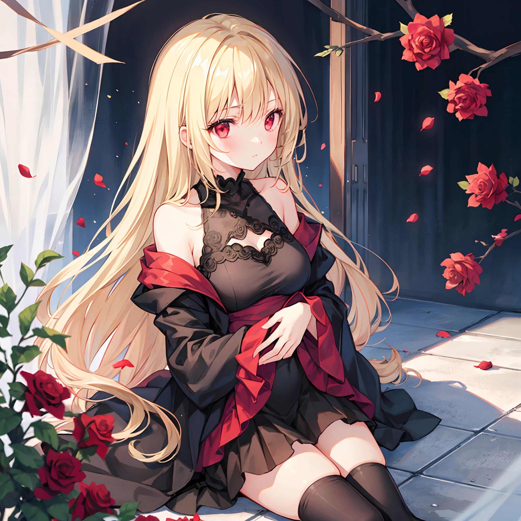 Girl with gray hair and red eyes、Blonde and red-eyed girl、Fluffy clothes、Black tights、off shoulders、Surrounded by roses、