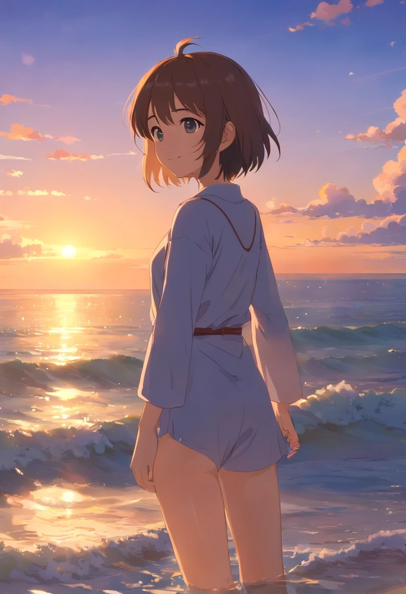 tmasterpiece，best qualtiy，cinematic Film still from，1girll，naked Girl, pussy, medium breasts, nipples, nudist，Frontal photo，Arms spread wide，ssmile，Floating in the sky，brightly，cheerfulness，Warm and soft lighting，the sunset，（spark of light：0.7）