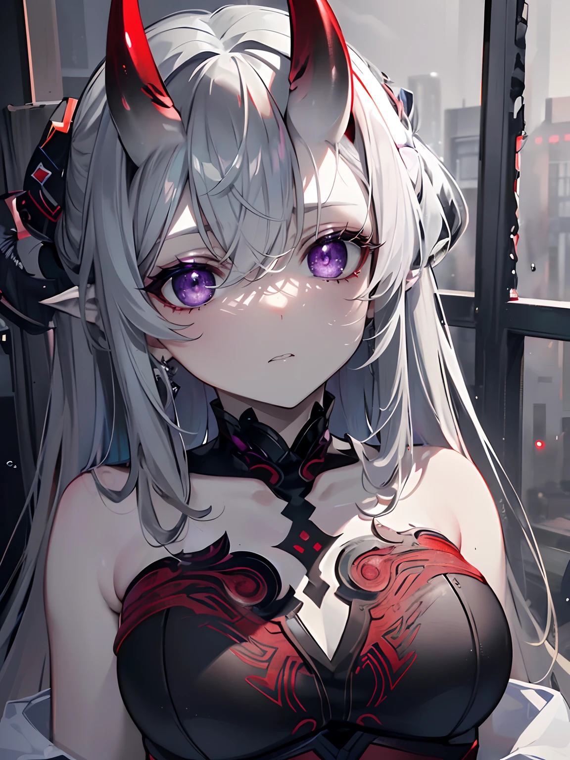 (masterpiece,best quality,ultra-detailed),1girl,(grayish red skin),oni horns,beautiful and detailed face, detailed eyes,looking at viewer,small chest,((grey theme),((depression, sadness, melancholy)),tired expression,sad,swollen eyelids,((foreground))