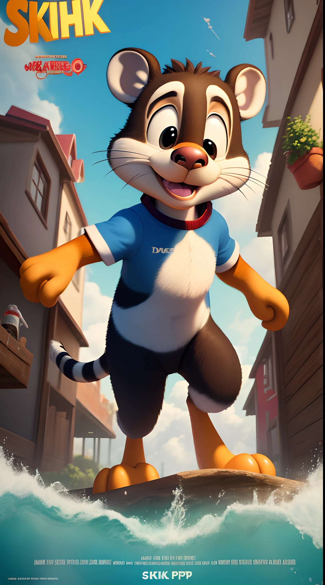 Create a movie poster for "Skippy the Skunk," the adventure-seeking, Disney Pixar-style, 9:16 poster featuring gassy embrassement