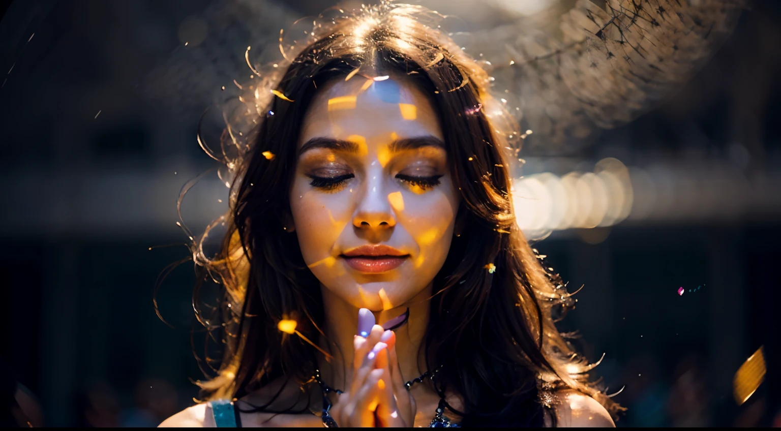 BEAUTIFUL WOMAN WITH EYES CLOSED, MEDITATING, WITH HANDS MAKING A GESTURE OF THANKS. CLOESIS ON THE FACE. IN THE BACKGROUND, IMAGE OF THE UNIVERSE. BEAMS OF SPARKLING LIGHTS, STRONG AND VIBRANT COLORS.