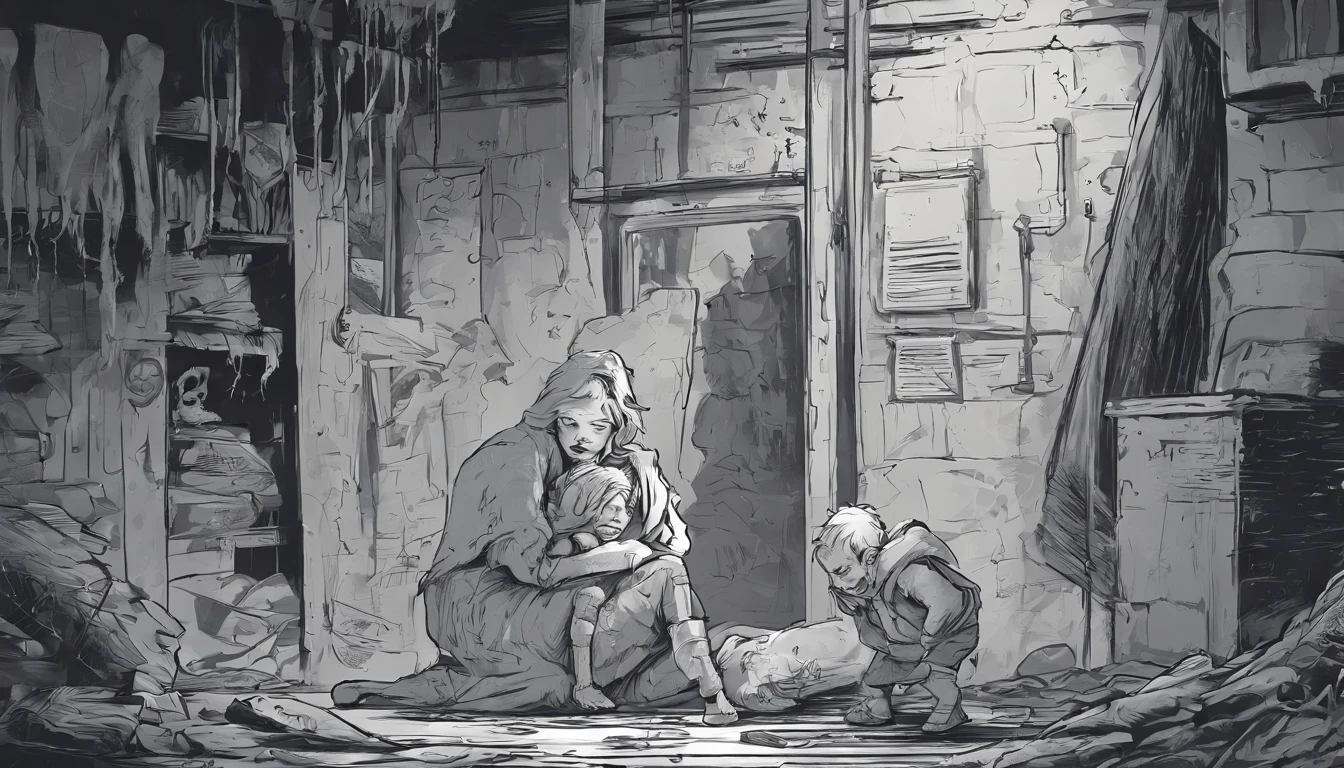 A mother hugs a deformed zombie child in basement. Children's book style. Sketchy monochromatic.