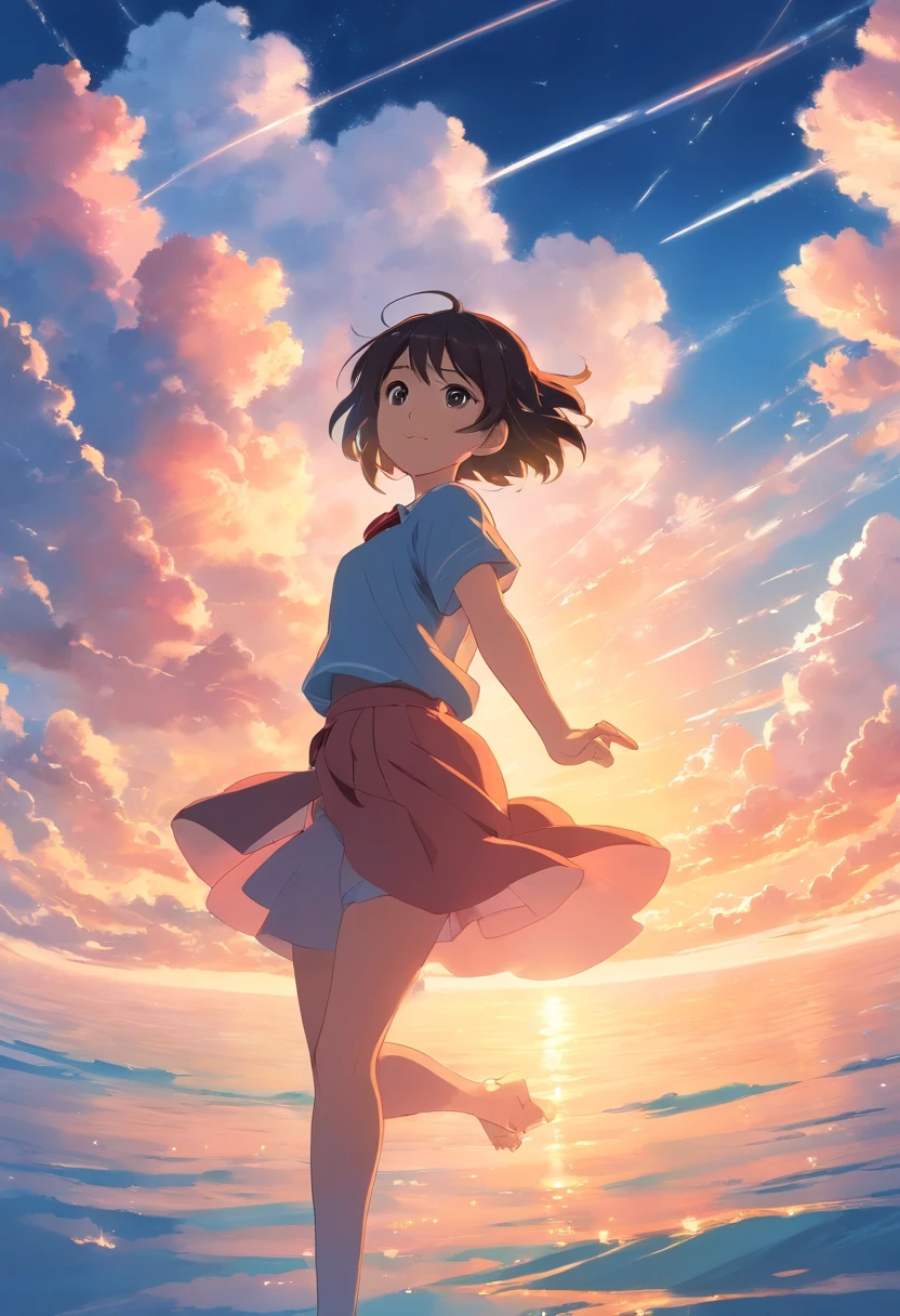 masterpiece, best quality, movie still, 1girl, cloud girl, floating in the sky, close-up, bright, happy, warm soft lighting, sunset, (sparks:0.7)