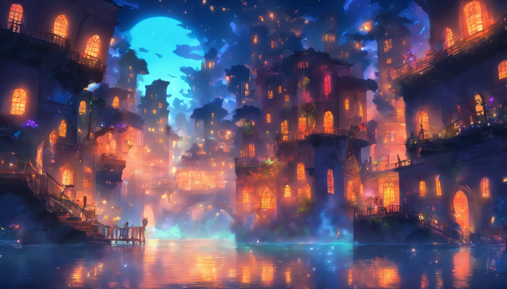 Luzes flutuantes de dia das bruxas, Light and reflection in the film, luzes brilhantes, Intermediate elements of the metaverse，Pintura digital, reflexos brilhantes, refletir, dia das bruxas Jack-o'-lanterna, noite tranquila, digital illustation, Atmosfera encantadora, Skylight at night, Tranquil atmosphere at night, Jack-o'-lanterna, dia das bruxas, it is night time, Dez, A cena do jogo, dia das bruxas, cercado por nuvens, Buildings in New York, Telha de Esmalte,  cor bonita, There are three arches in the foreground((Tint Placement Ink ) ), ((salpicos de tinta) Inky})), tmasterpiece, Alta carreira, graphics beautiful, detalhes altos,magnifica