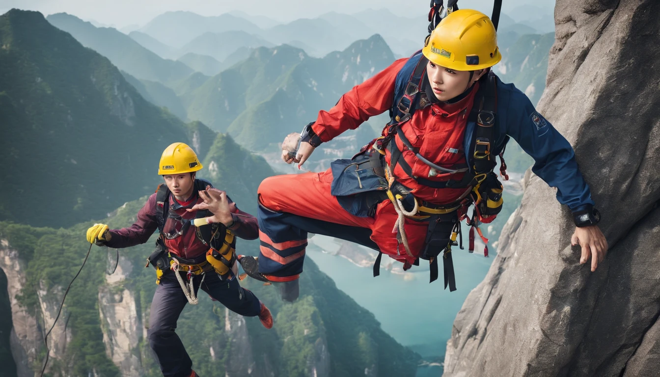 chineseidol,People who carry out rope rescue training,(A group of climbers:1.1),Rescue operations,action sports,climbing,mountain peaks,Cord,challenge,highly,Courage,(Heroic rescue scene:1.2),Emergency Response Team,full body shot of, (Jaw-dropping effect), ,(Studio lighting), hyper HD, International Association of Rope Technology,Explore boldly,Rope rescue techniques,Create a studio-like environment, Enhance visual impact