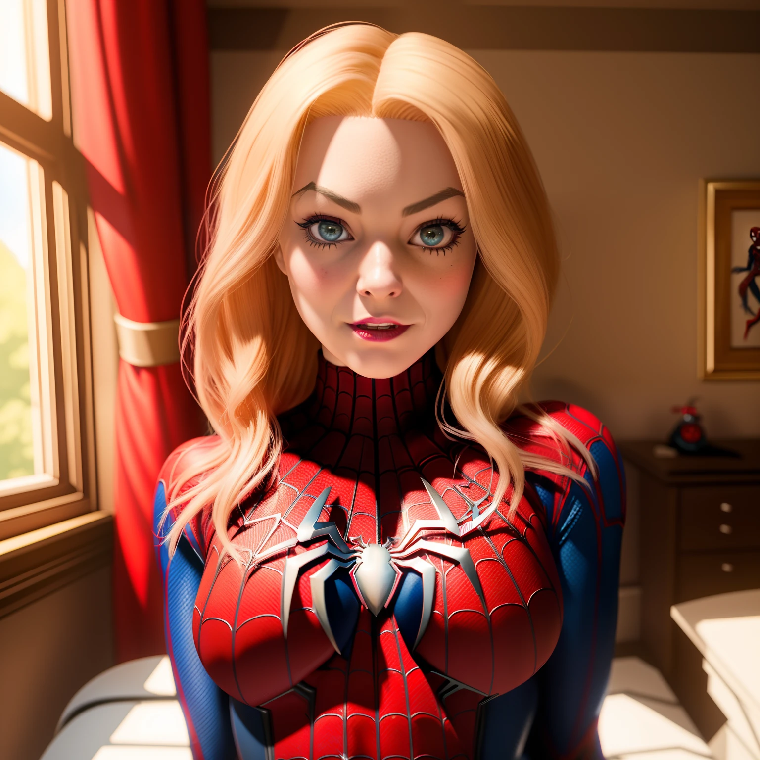 spider - man girl in a red and black half zippered up costume posing for a picture, gwen stacy, ( ( spiderwoman ) ), spider - verse art style, photorealistic fan art, highly detailed exquisite fanart, realistic art style, photorealistic disney, hyper realistic anime, portrait of spiderman, ultra mega super hyper realistic, super detailed and realistic, inspired by Mary Jane Begin