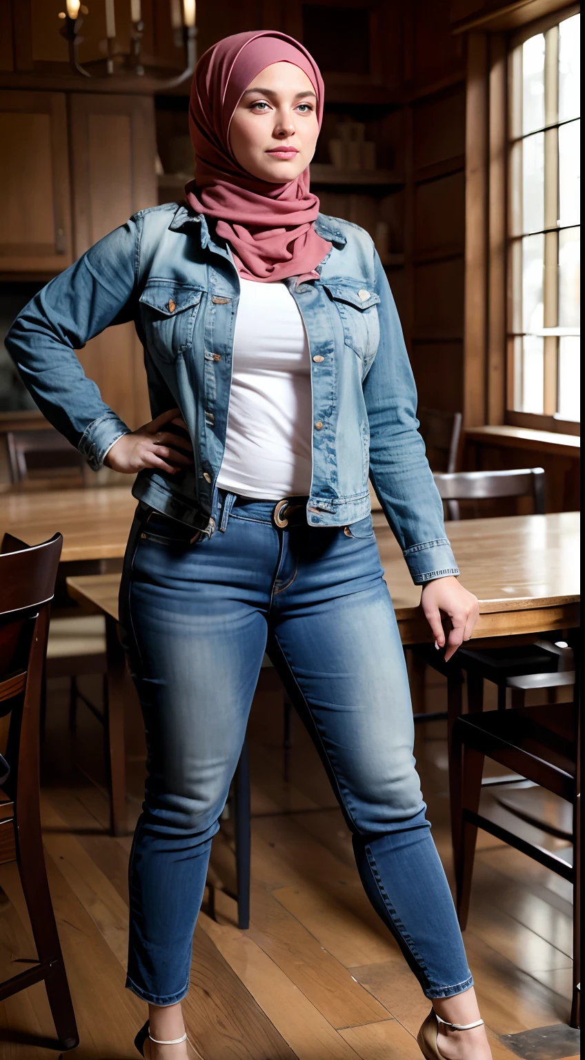 .RAW, Best quality, High resolution, Masterpiece: 1.3), belle femme malaise en hijab, Masterpiece, Corps mince parfait, (gros seins), beaux grands yeux, doux sourire, Masterpiece:1.2, Best quality), Realstic, (real picture, Intricate details, profondeur de champ,veste jean,Pantalon en jeans,Panoramic Camera), lip spread, highly detailed, visage parfait, corps parfait, cul parfait, leaning forward, Large Models, Mature woman leaning forward, Looking at the camera , grand, longues jambes, Fond naturel bokeh