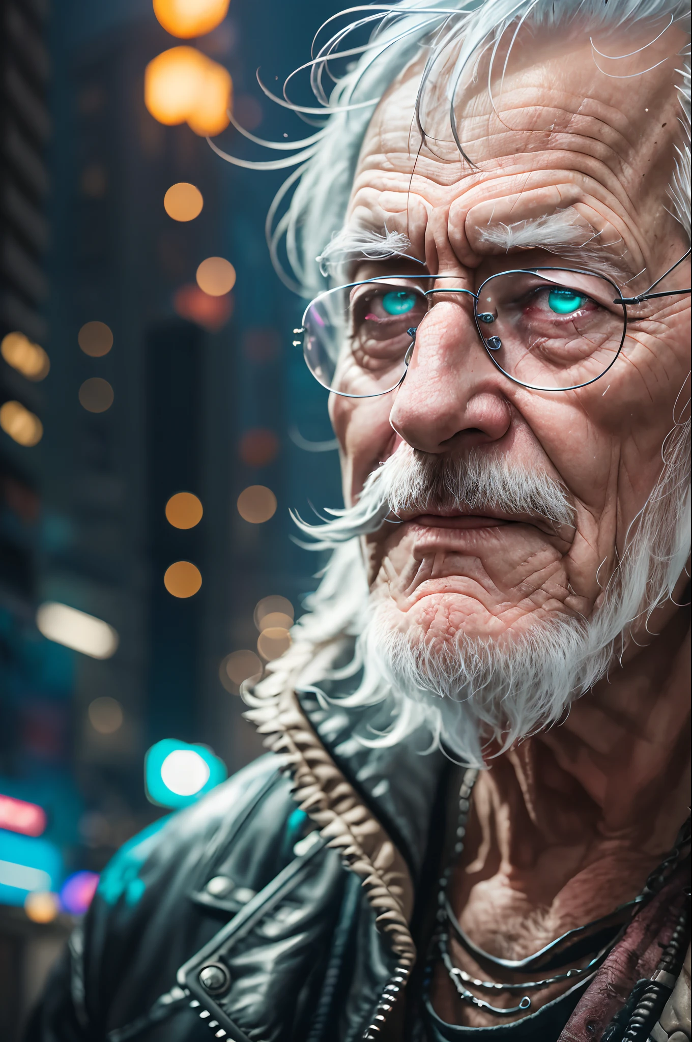 close Up photo of a old man in a cyberpunk distopic city at night, profesional photo --auto --s2