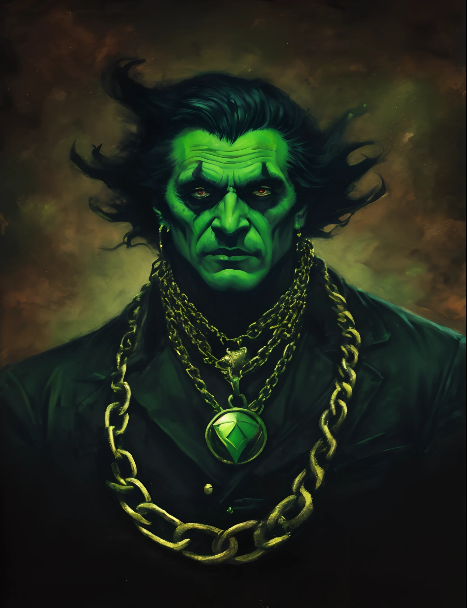 Painting of a man with a green face and a chain around his neck, retrato verde do duende, Frankenstein bonito, Retrato do Professor Sinistro, O Homem de Areia da Graphic Novel, estilo gerald brom, O Duende Verde, Duende Verde, inspirado em Samuel Hieronymus Grimm, Estilo de Gerald Brom, O Deus da Travessura, Neal Adams | sinistro, Retrato do Hulk