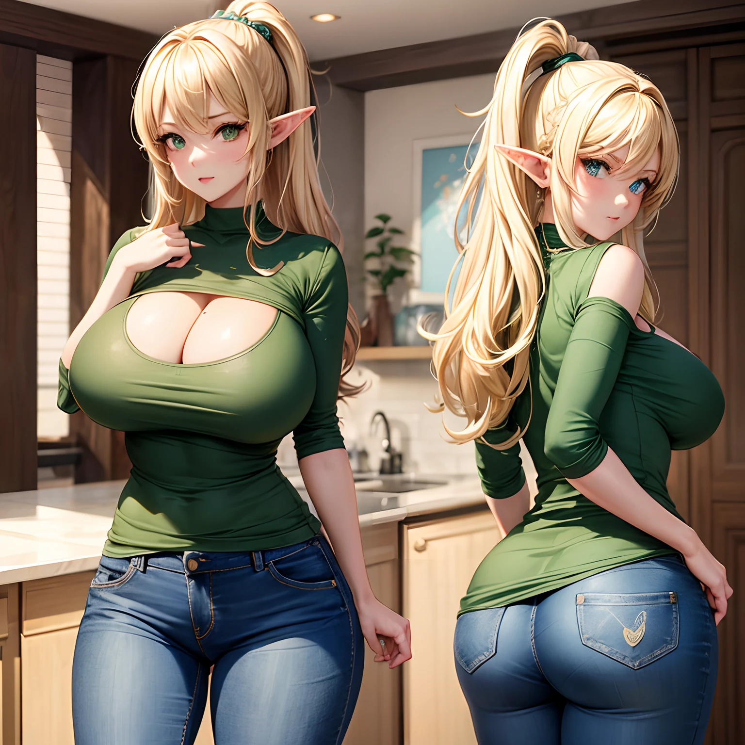 1girl, blonde hair, tight jeans, tight green t shirt, cleavage, elf ears, looking at viewer, huge ass, pants, large breasts, cleavage, ass focus, from behind, round perfect ass