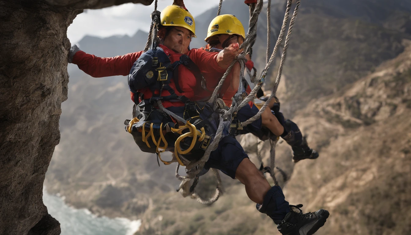 chineseidol,People who carry out rope rescue training,(A group of climbers:1.1),Rescue operations,action sports,climbing,mountain peaks,Cord,challenge,highly,Courage,(Heroic rescue scene:1.2),Emergency Response Team,full body shot of, (Jaw-dropping effect), ,(Studio lighting), hyper HD, International Association of Rope Technology,Explore boldly,Rope rescue techniques,Create a studio-like environment, Enhance visual impact