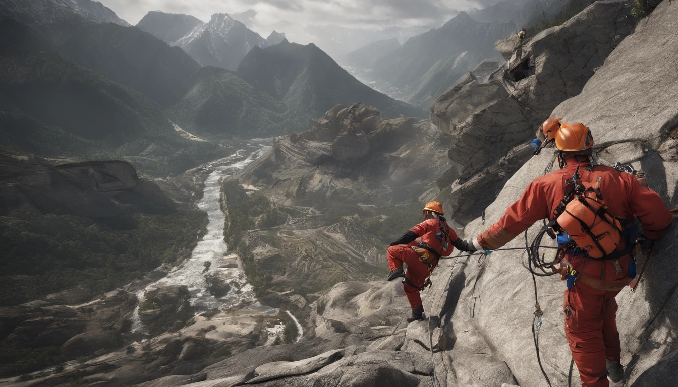 chineseidol，People who carry out rope rescue training，(A group of climbers:1.1),Rescue operations,action sports,climbing,mountain peaks,Cord,challenge,highly,Courage,(Heroic rescue scene:1.2),Emergency Response Team,full body shot of, (Jaw-dropping effect), ,(Studio lighting), hyper HD, International Association of Rope Technology,Explore boldly,Rope rescue techniques，Create a studio-like environment, Enhance visual impact
