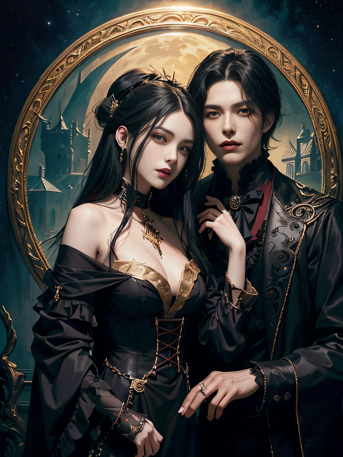 (two characters) (a black haired female vampire) and (a black haired male vampire) (masterpiece top-quality、top-quality、Detailed and complex、official art、aesthetically pleasing:1.3)、(Lee Min Ho look) (realistic art:1.3)、victorian clothes, gold accessories, gothic castle background. Moon and stars background.