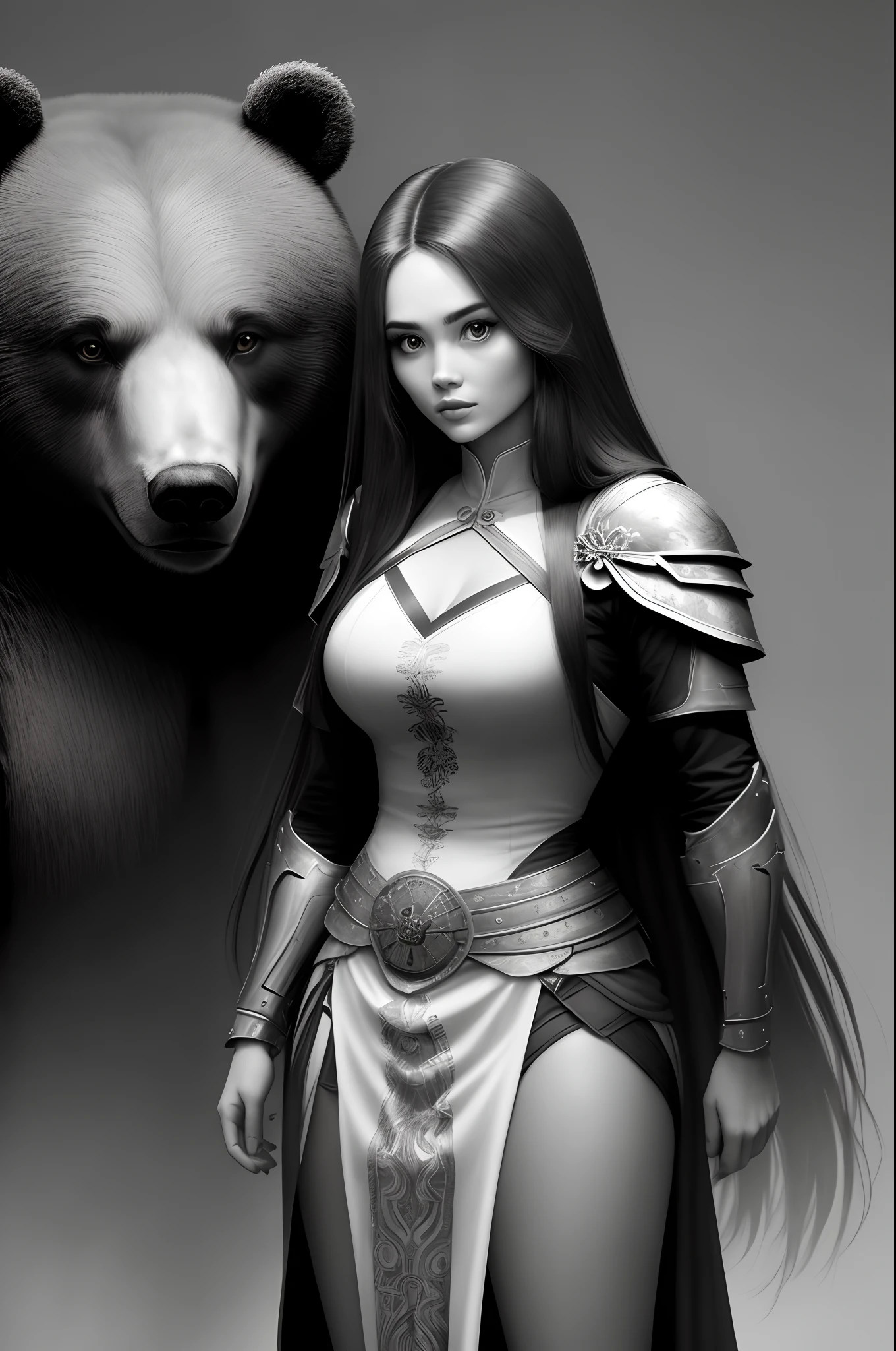 Black and white cartoon woman with long straight hair dressed in warrior clothing next to a bear