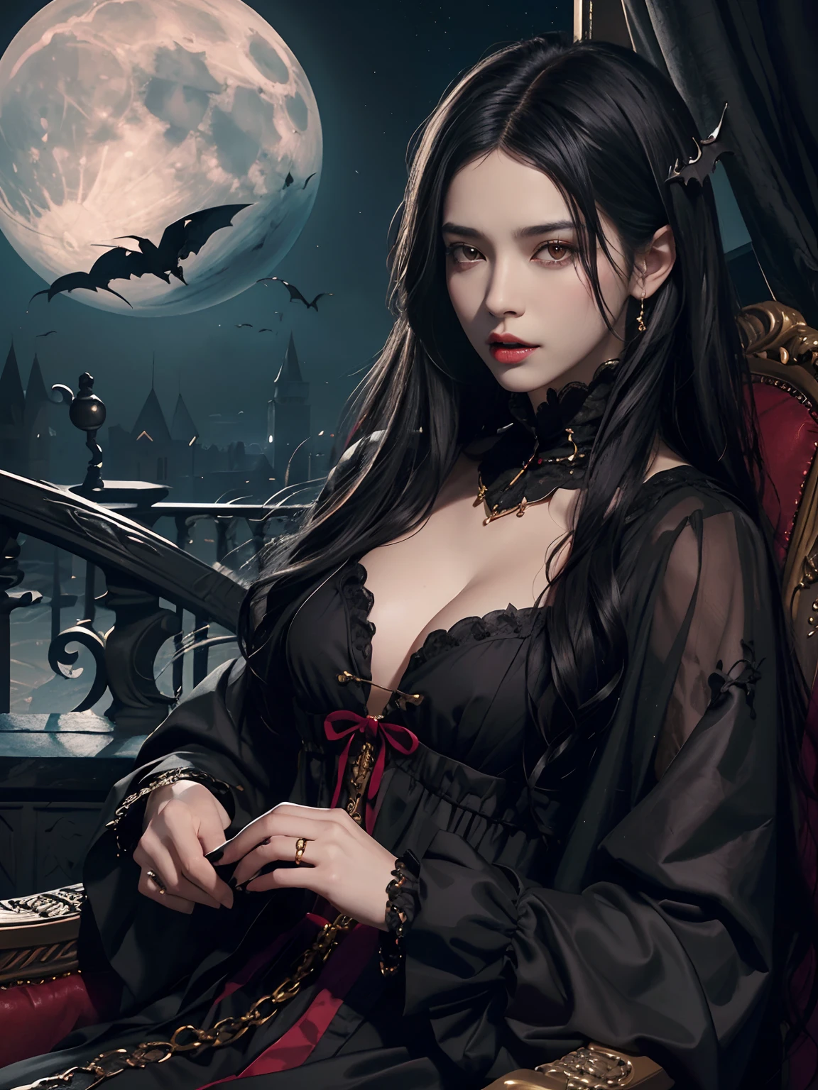 (two characters) (a black haired female vampire) and (a black haired male vampire) (masterpiece top-quality、top-quality、Detailed and complex、official art、aesthetically pleasing:1.3)、(Lee Min Ho look) (realistic art:1.3)、victorian clothes, gold accessories, gothic castle background. Moon and stars background.