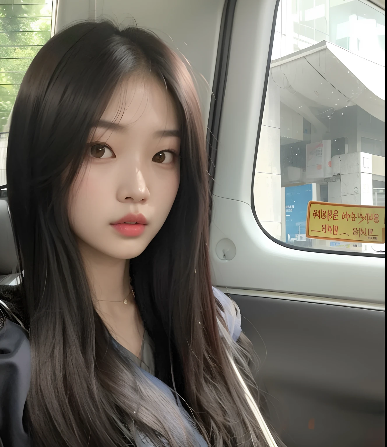 um close up de uma mulher com cabelos longos sentada em um carro, Ulzzang, menina coreana, Ela tem cabelo preto com franja, Mulher sul-coreana bonita, wan adorable korean face, young adorable korean face, linda mulher coreana jovem, Jaeyeon Nam, mulher coreana jovem bonita, Jinyoung Canela, Heonhwa Choe, young cute wan asian face