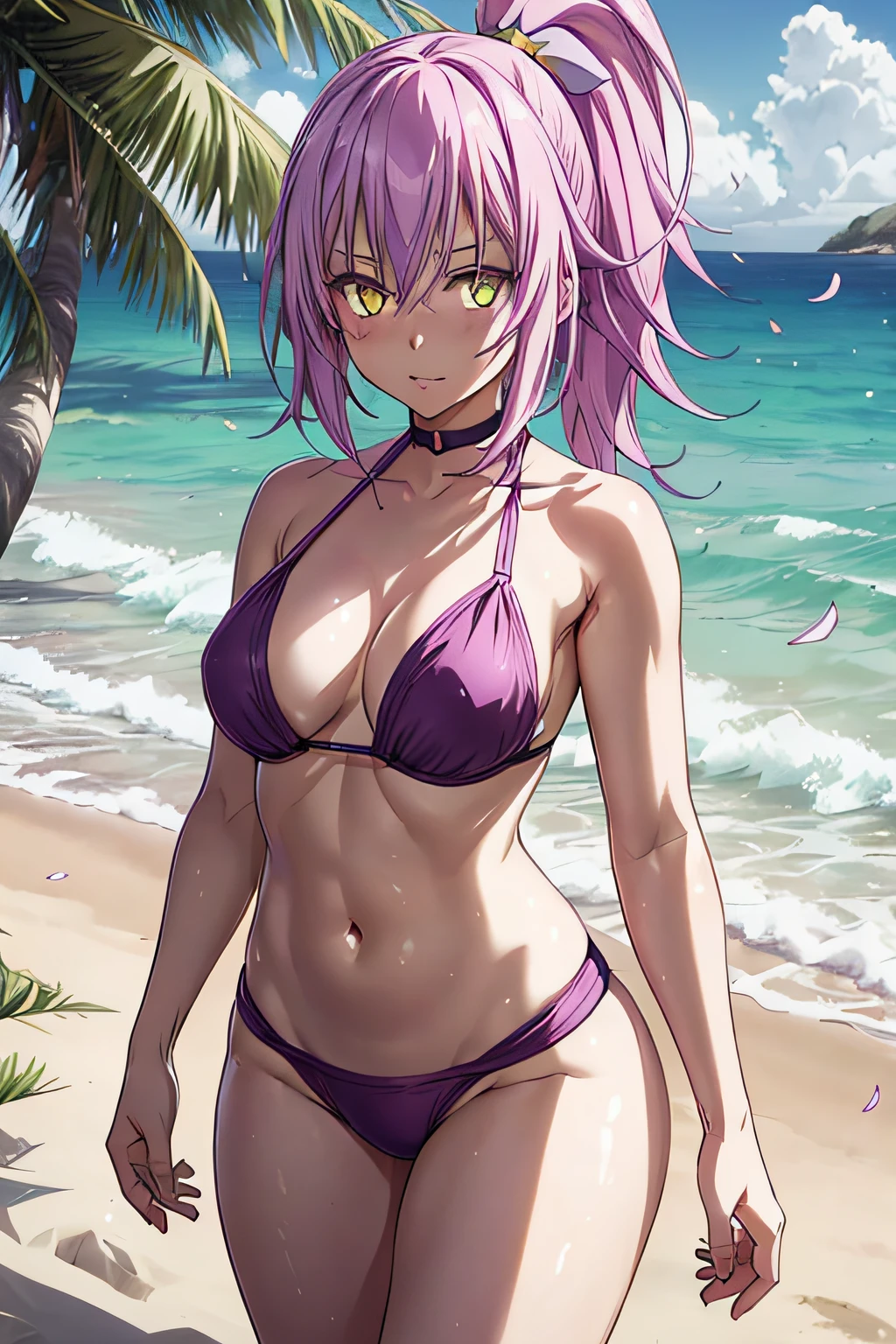 1 girl from an anime with purple hair, on the beach 1girl, solo, cute, yellow eyes, petals, pink hair, looking at the viewer ((tensura)), ((last)), wearing a short bikini, ponytail side, toned legs, thick muscular thighs, thin waist, muscular belly, standing, barefoot, 8K, ultra realistic