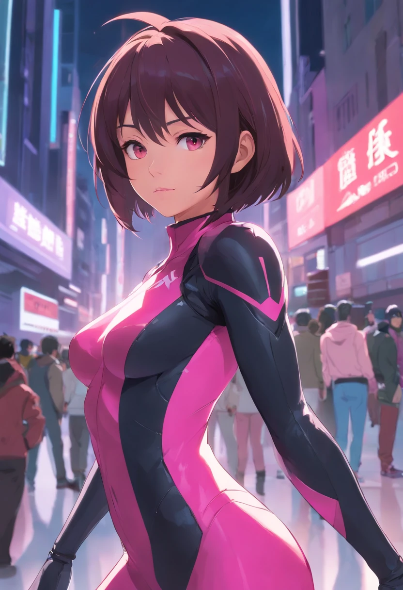 a close up of a woman in a black and pink suit, concept art inspired by INO, cgsociety contest winner, neo-figurative, in spandex suit, streamlined pink armor, slick pink armor, bubblegum body, fullbodysuit, tight full body suit, laserpunk fullbodysuit, cybersuit, matte pink armor, full body x-force outfit