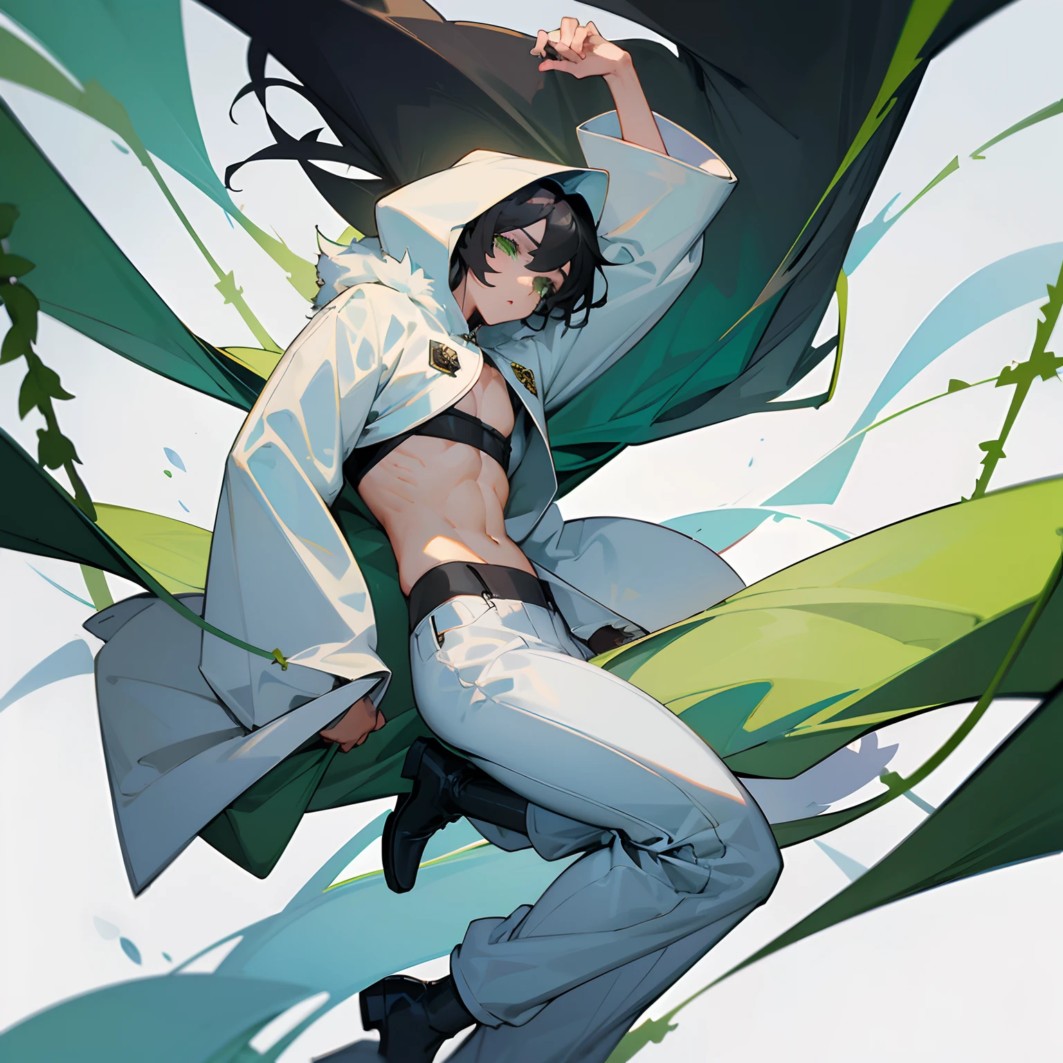 (Masterpiece, the best quality), black hair, green eyes, hooded white fur, light gray coat that shows belly, low waisted white pants, long blue boots with fur on top, vines wrapped around person and keeping them trapped, male