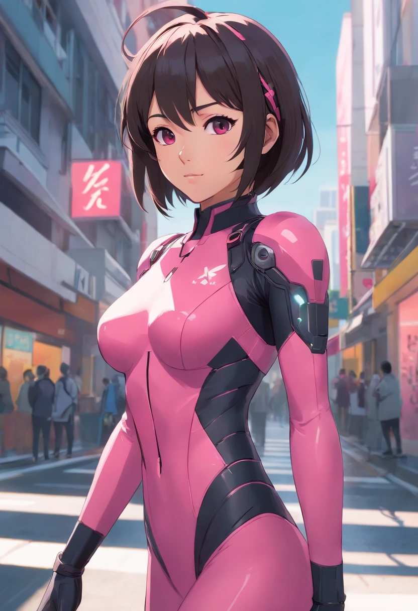 Close-up of a woman in a black and pink suit, concept art inspired by INO, cgsociety contest winner, neo-figurative, in spandex suit, Streamlined pink armor, slick pink armor, bubblegum body, Full body suit, tight full body suit, laserpunk fullbodysuit, cybersuit, matte pink armor, full body X-force costume