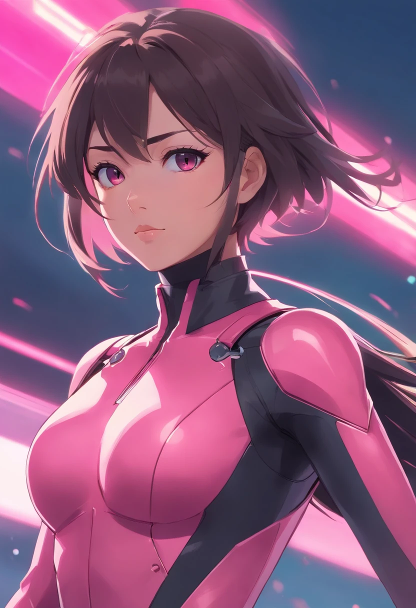 a close up of a woman in a black and pink suit, concept art inspired by INO, cgsociety contest winner, neo-figurative, in spandex suit, streamlined pink armor, slick pink armor, bubblegum body, fullbodysuit, tight full body suit, laserpunk fullbodysuit, cybersuit, matte pink armor, full body x-force outfit