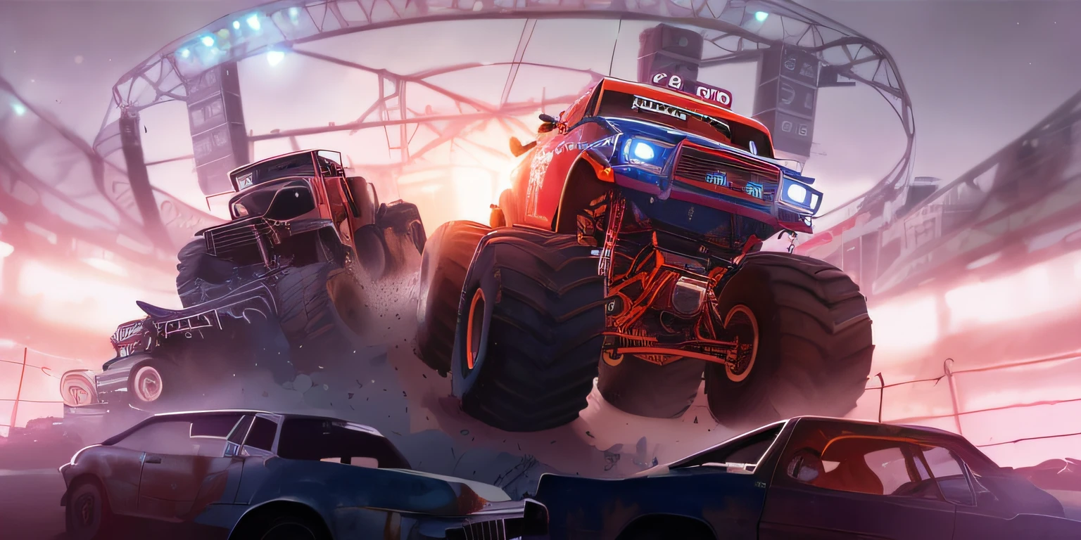 There are two cars that are jumping over each other in a game, detailed game art illustration, Game Illustration, monster truck, arte de fundo, por Wayne England, Monster Truck Rally, renderizado em alta octanagem, Directed by: Drew Tucker, Arte da sede, Directed by: Scott M. Fischer, Directed by: Jeffrey Smith, Directed by: Jason Benjamin, arte conceitual do carro, tela de carregamento", epic full color illustration