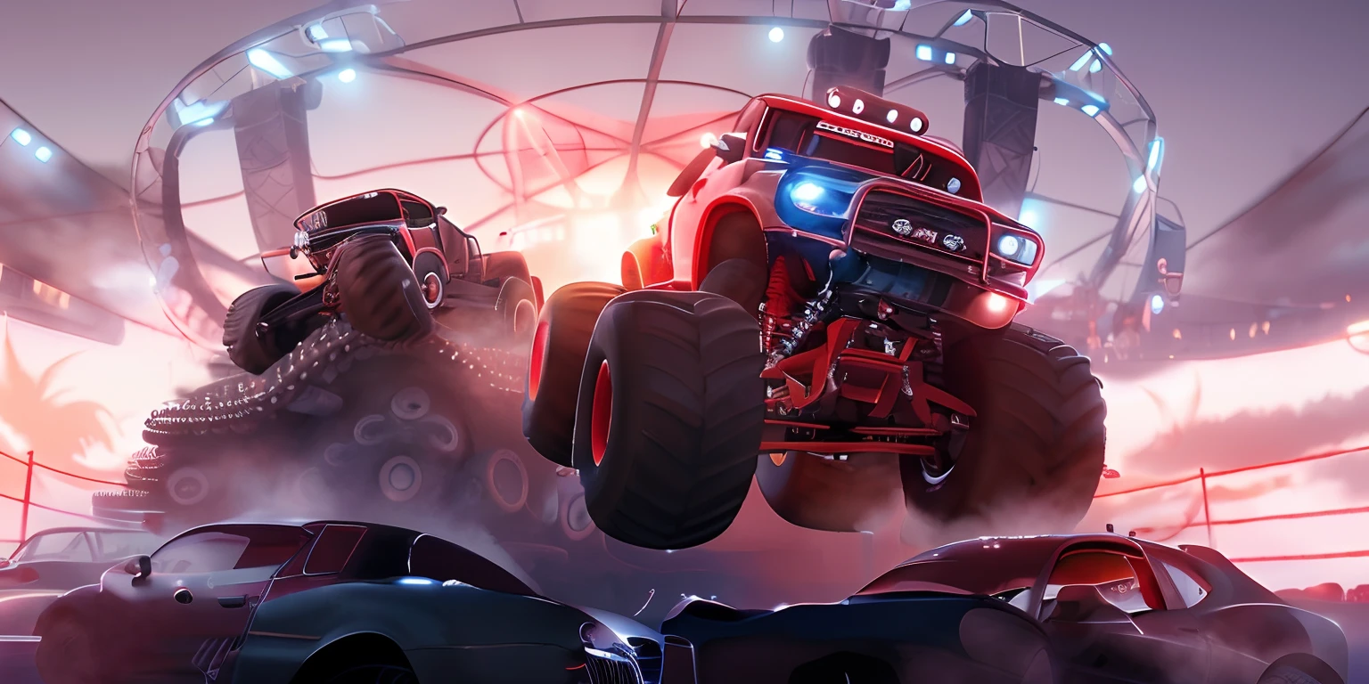 There are two cars that are jumping over each other in a game, detailed game art illustration, Game Illustration, arte de fundo, monster truck, por Wayne England, Monster Truck Rally, renderizado em alta octanagem, Directed by: Drew Tucker, Arte da sede, Directed by: Scott M. Fischer, Directed by: Jeffrey Smith, Directed by: Jason Benjamin, arte conceitual do carro, tela de carregamento", epic full color illustration