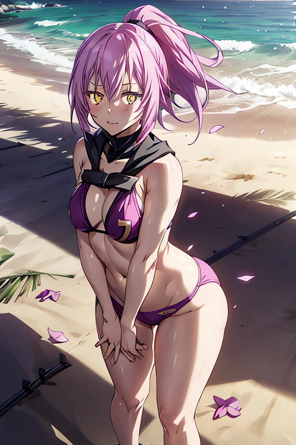 1 girl from an anime with purple hair, on the beach 1girl, solo, cute, yellow eyes, petals, pink hair, looking at the viewer ((tensura)), ((last)), wearing a short bikini, ponytail side, toned legs, thick muscular thighs, thin waist, muscular belly, standing, barefoot, 8K, ultra realistic