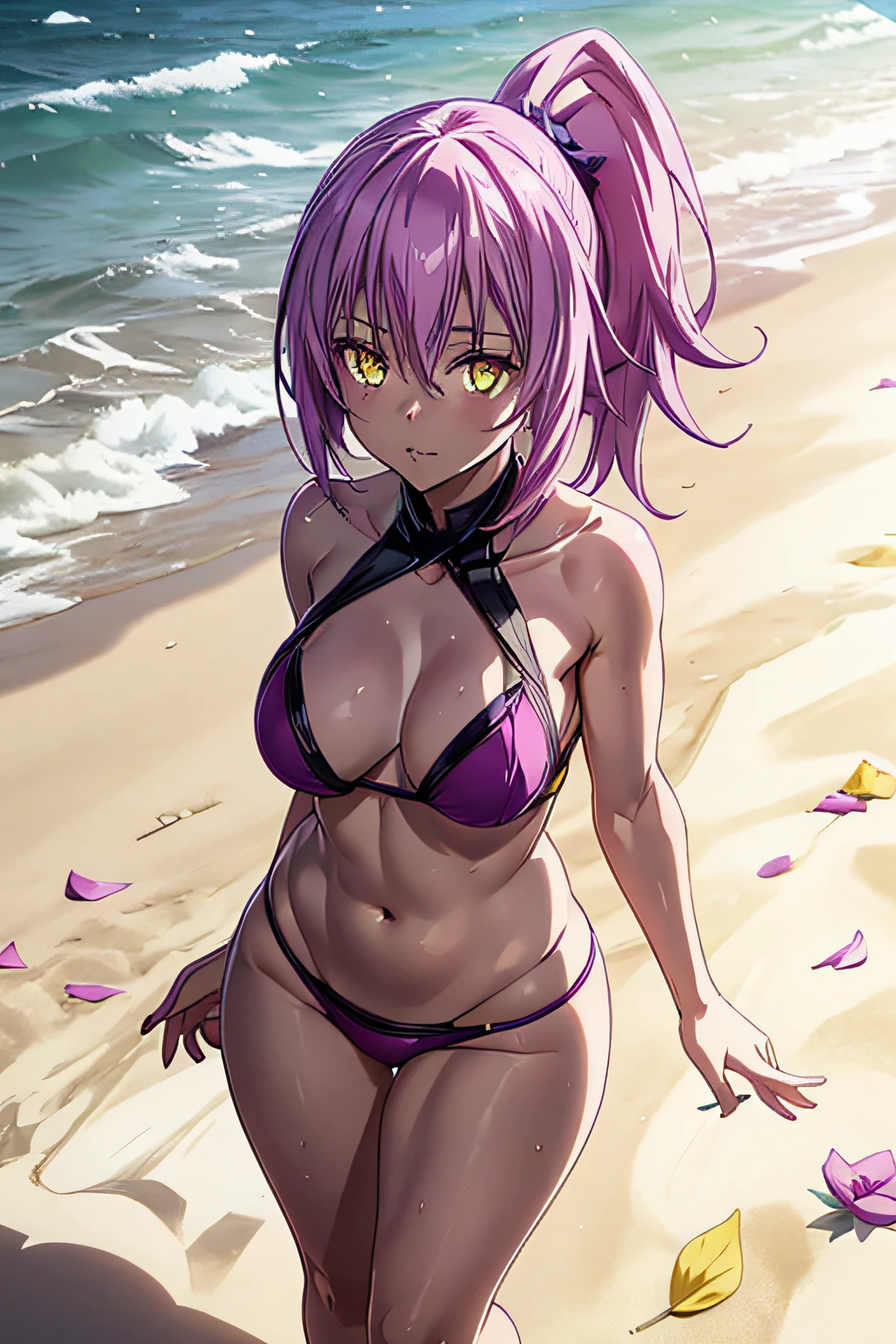 1 girl from an anime with purple hair, on the beach 1girl, solo, cute, yellow eyes, petals, pink hair, looking at the viewer ((tensura)), ((last)), wearing a short bikini, ponytail side, toned legs, thick muscular thighs, thin waist, muscular belly, standing, barefoot, 8K, ultra realistic