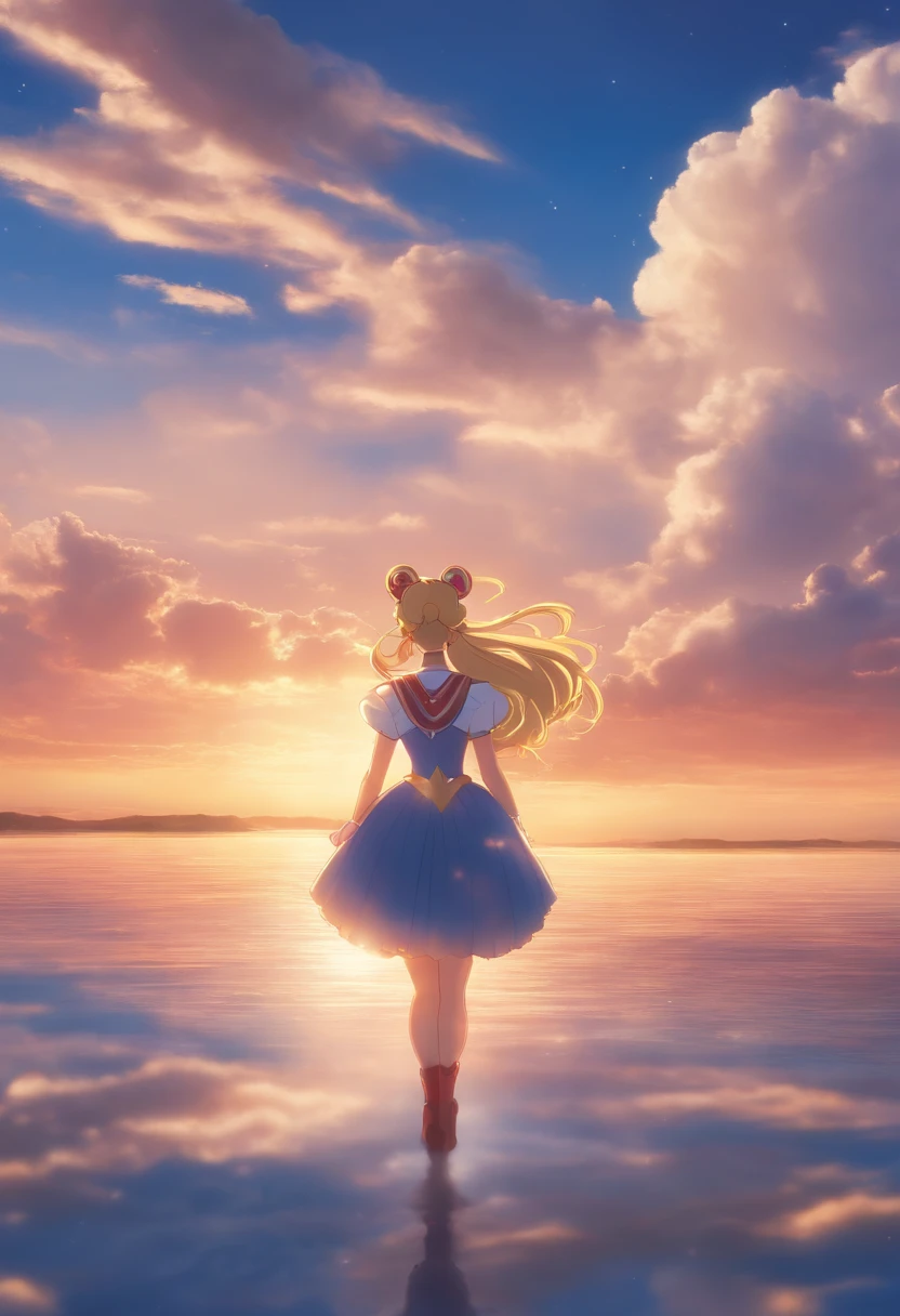 Sailor Moon masterpiece, best quality, movie still, 1girl, cloud girl, floating in the sky, close-up, bright, happy, warm soft lighting, sunset, (sparks:0.7)