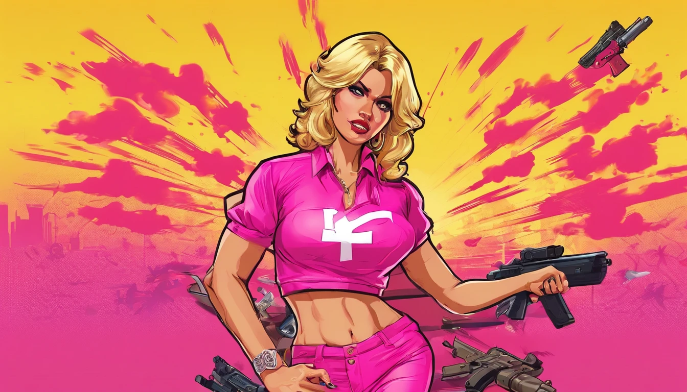 Chica rubia sexy con escotes ajustados: pesones marcados: blusa rosada: sexy con armas de guerra en mano