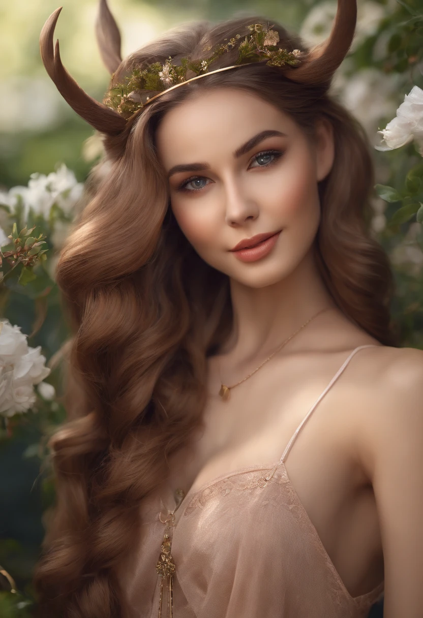 best quality,masterpiece, 1 girl, solo, MODELSHOOT, amazing, Alina, (((portait))), anthlers, deer ears, look at users, smile moan orgasming, blush, hairpin,(( braid)), hair ornaments, curvy slim thick completely nude