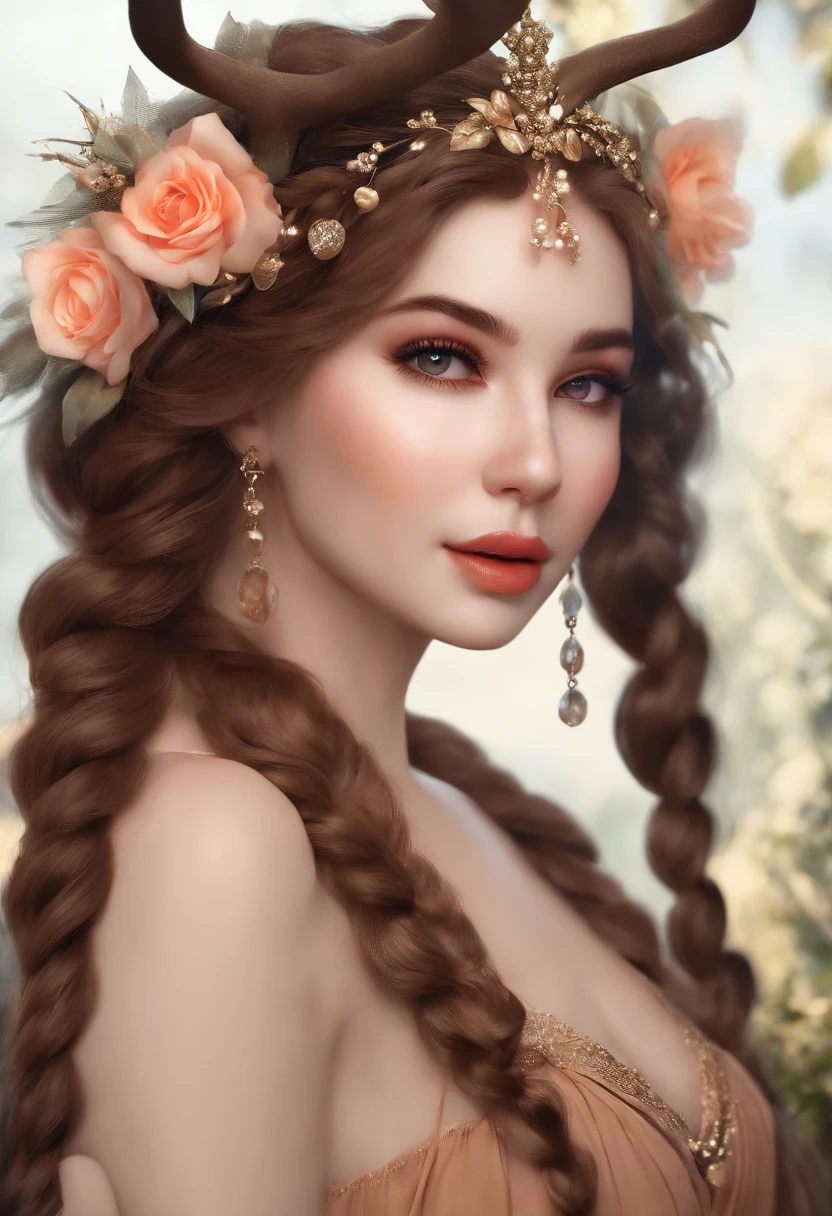best quality,masterpiece, 1 girl, solo, MODELSHOOT, amazing, Alina, (((portait))), anthlers, deer ears, look at users, smile moan orgasming, blush, hairpin,(( braid)), hair ornaments, curvy slim thick completely nude