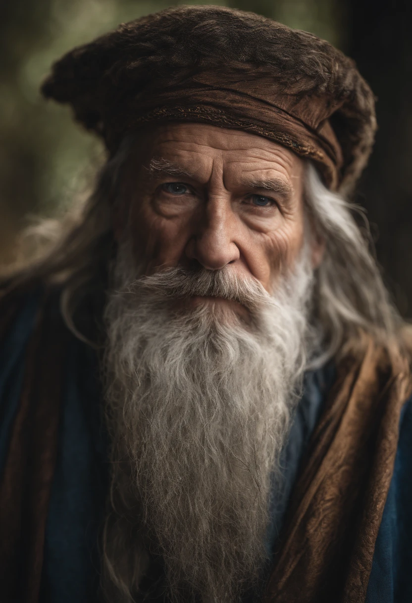 A portrait of a wizard, bearded, wrinkled, weathered, with piercing eyes, detailed face, high details, photography, natural light, Nikon D850, 50mm, f/1.4