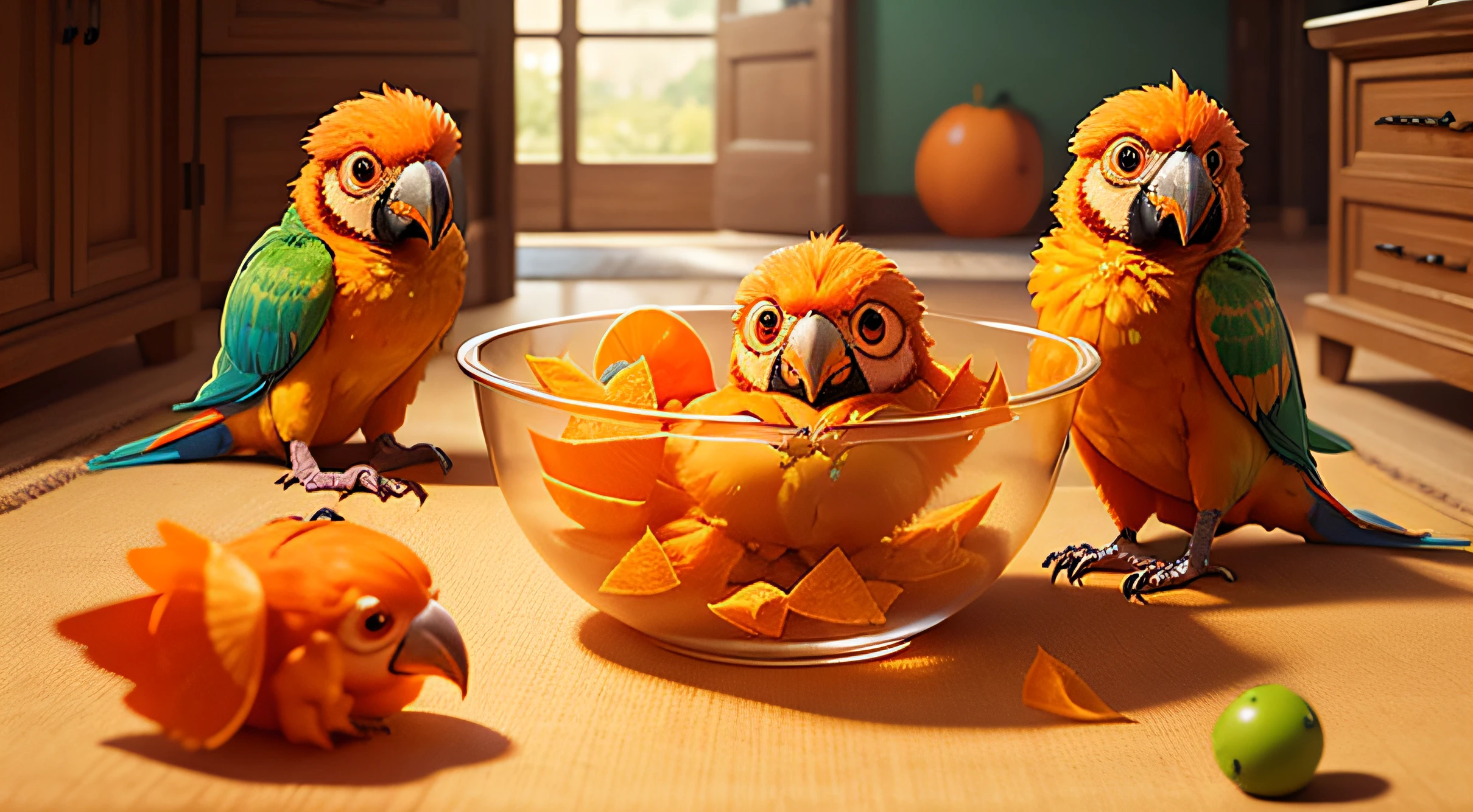 view of three orange parrots, in a big bowl with doritos, on the floor, Pixar Style Movie, so cute, big eyes, bright eyes, pretty eyes, orange fullbody, transparent bowl, big transparent bowl