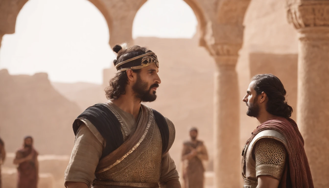 two ancient warriors from the middle east, one looking at each other as if to face each other, realistic image, 3d rendering