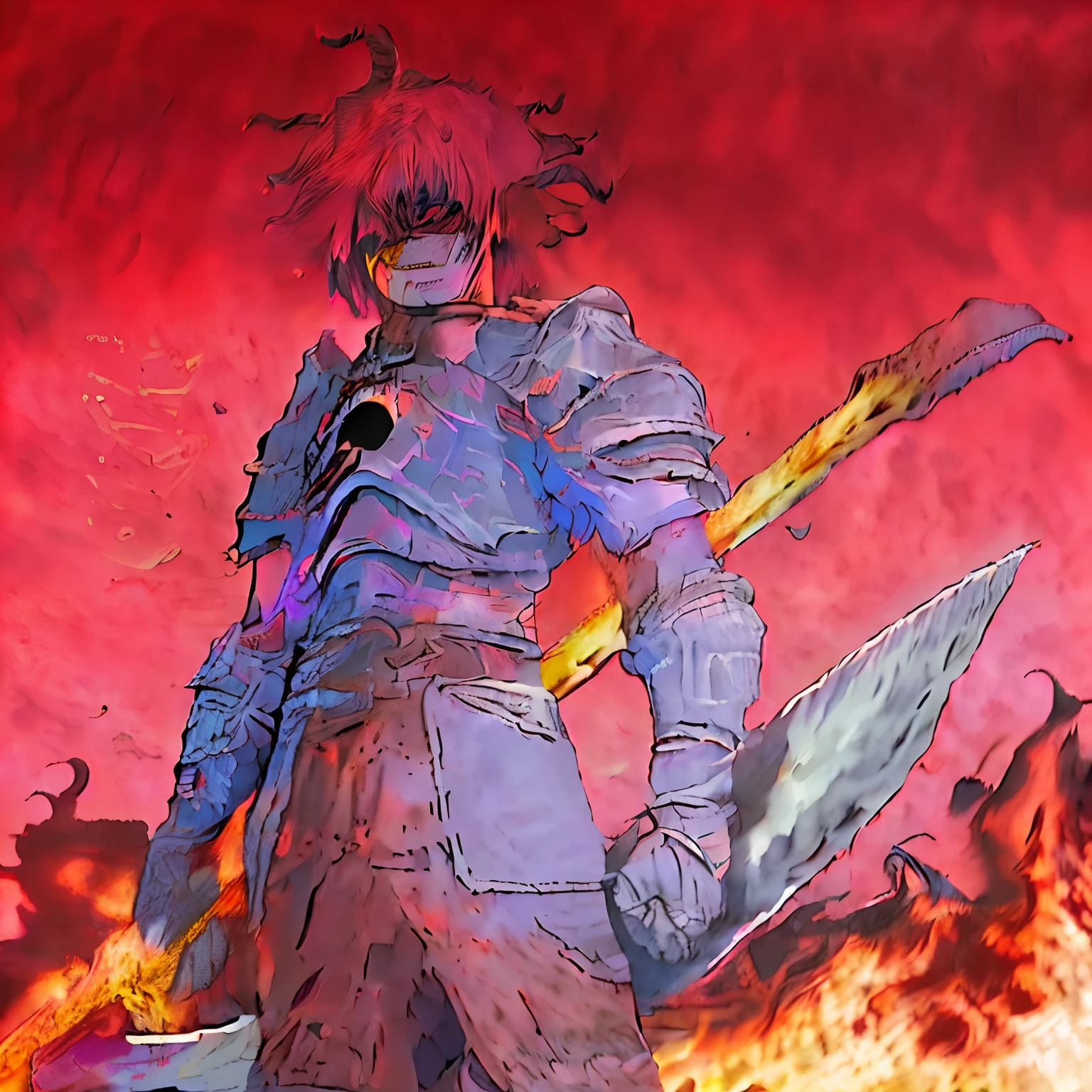 Anime Berserk Manga Master Piece:1.2, melhor qualidade, Escuro, ECLIPSE SOLAR, fire, action shot, cavalo, Standing, Centrado, retrato, Front view, no estilo de Kentaro Miura,