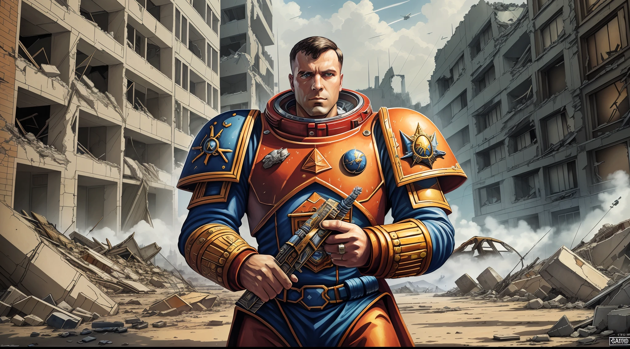 portrait of spacial marine Warhammer 40k in a destroyed city --auto --s2