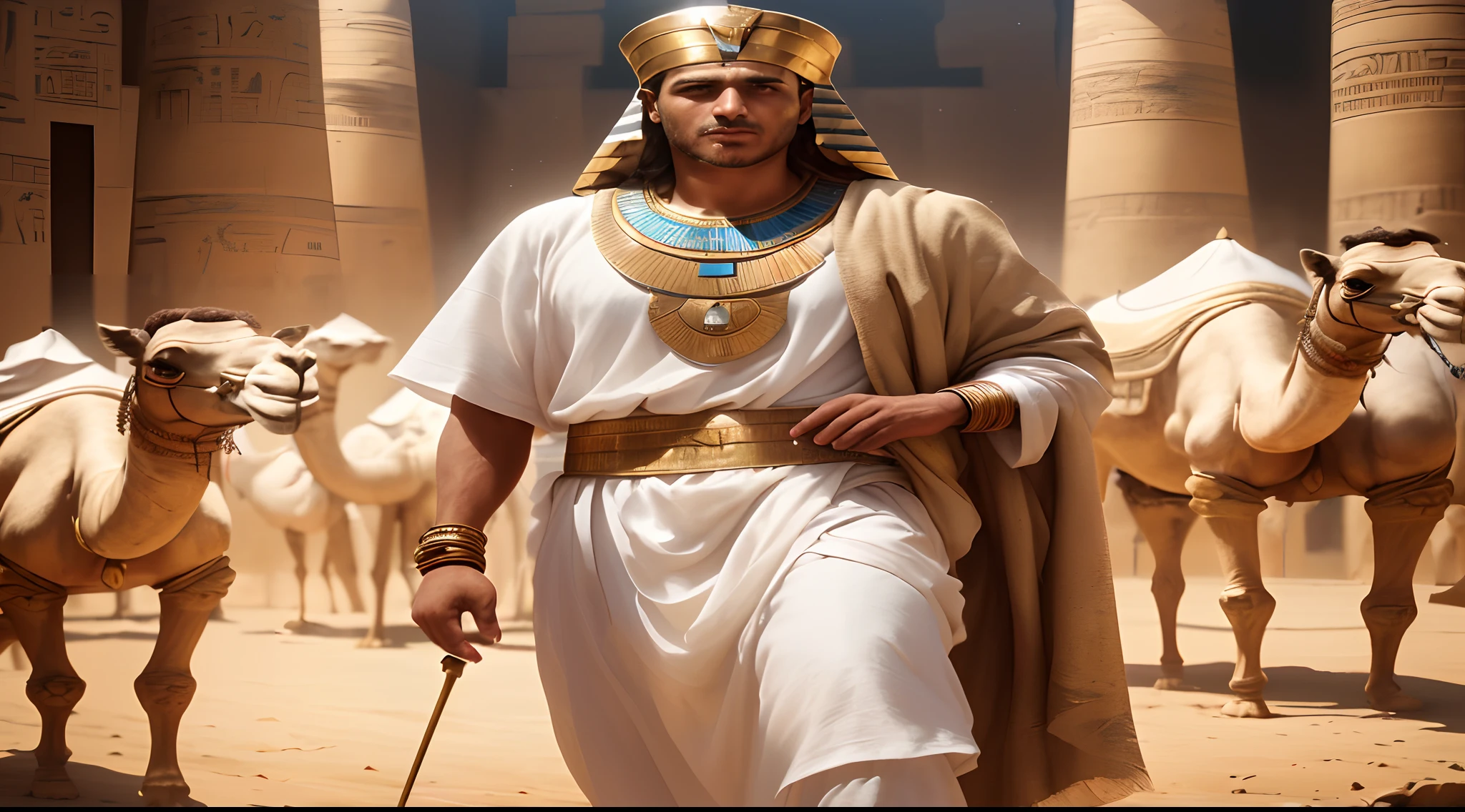 Homem no centro da imagem como o governador do Egito, ele tem um olhar fixo, this man Joseph of Egypt, This Man is dressed in typical Ancient Egyptian clothes, with a white linen tunic and a turban on his head, He's looking forward with an expression of authority, Next to him are some camels behind him, Make the Egyptian constructions as detailed as possible, Maximum quality of this man in his features, realidade em toda imagem, Lighting is dramatic, com luzes brilhantes vindas de cima e sombras profundas. The image is rendered with maximum quality, capturing every detail of Joseph's face, do trono e do ambiente ao seu redor, A high-resolution 8K or 16K image