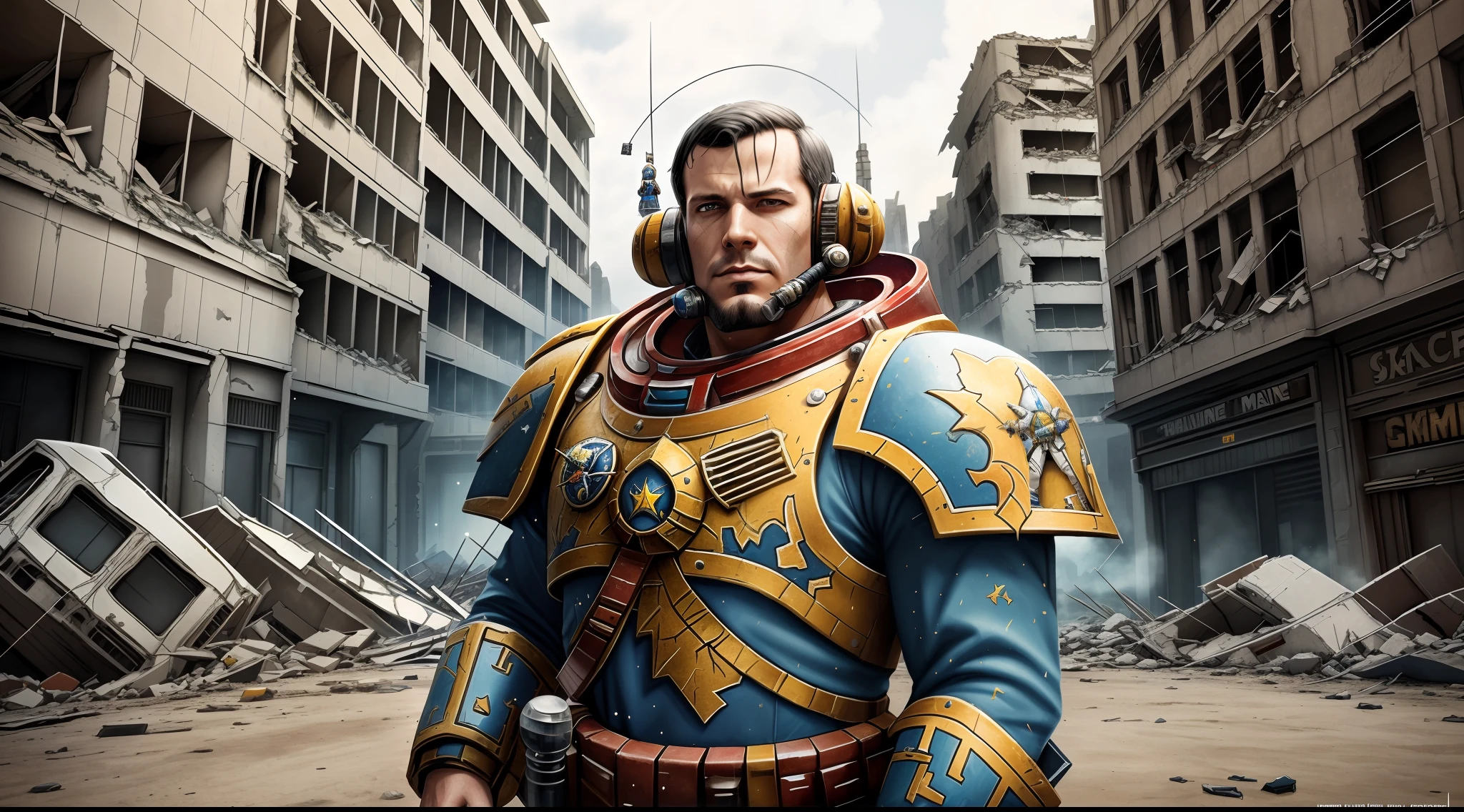portrait of spacial marine Warhammer 40k in a destroyed city --auto --s2